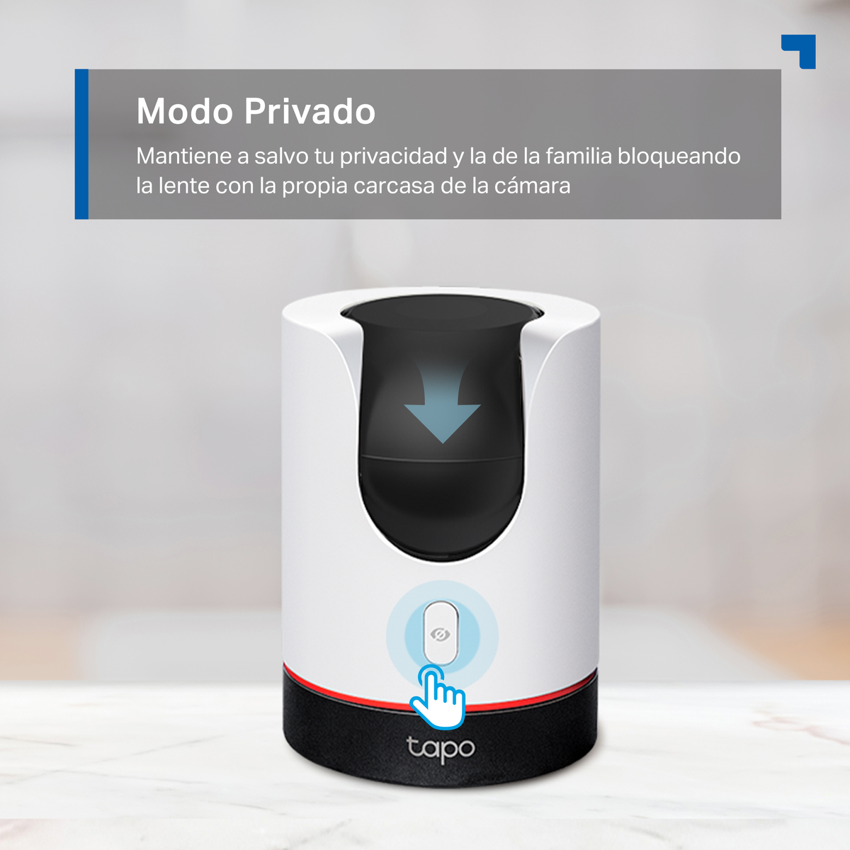 Witte en zwarte camera met een hand die naar de lens wijst, met tekst over de privacy-modus.