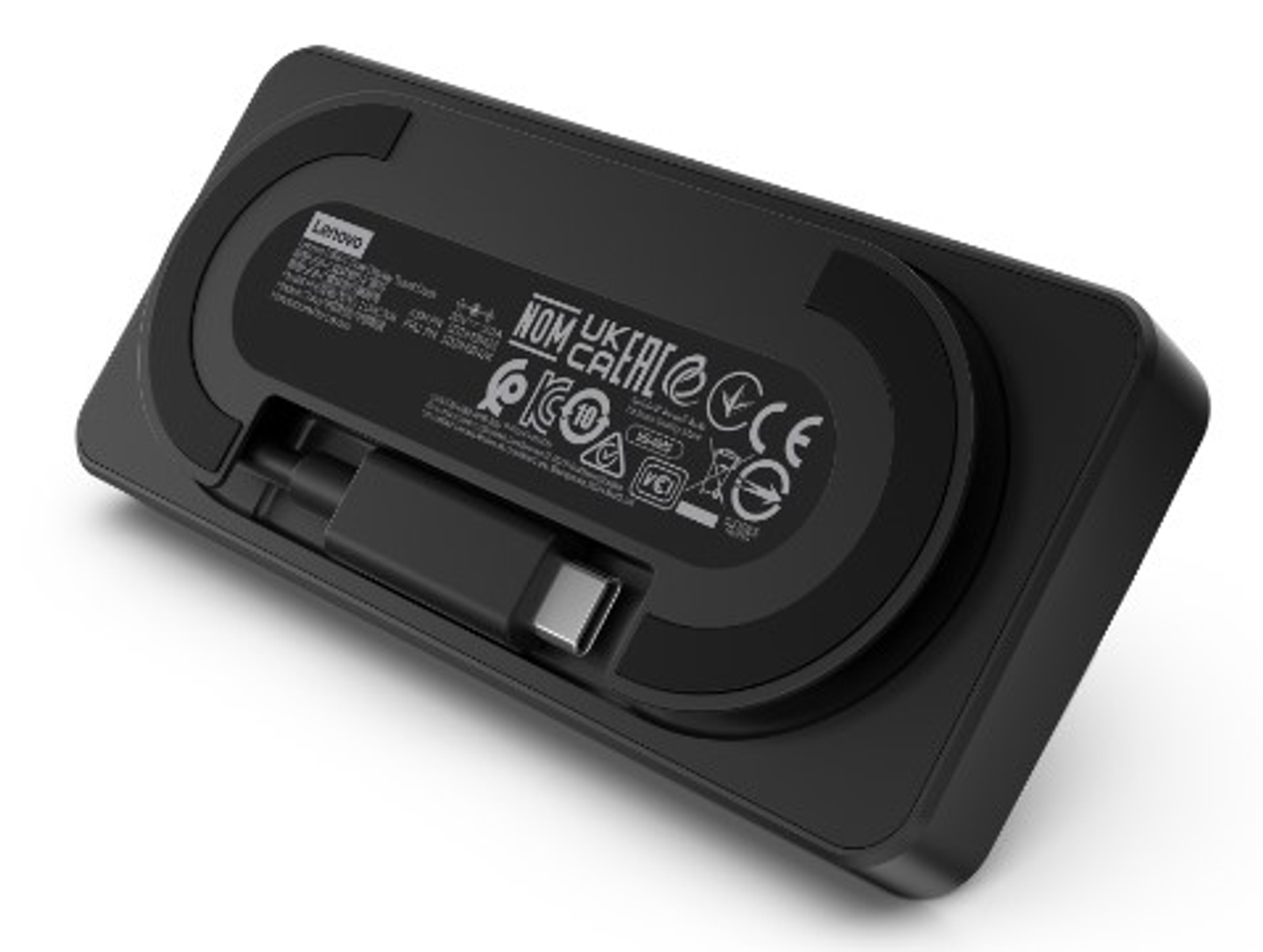 Docking station Lenovo nera con cavo USB-C.