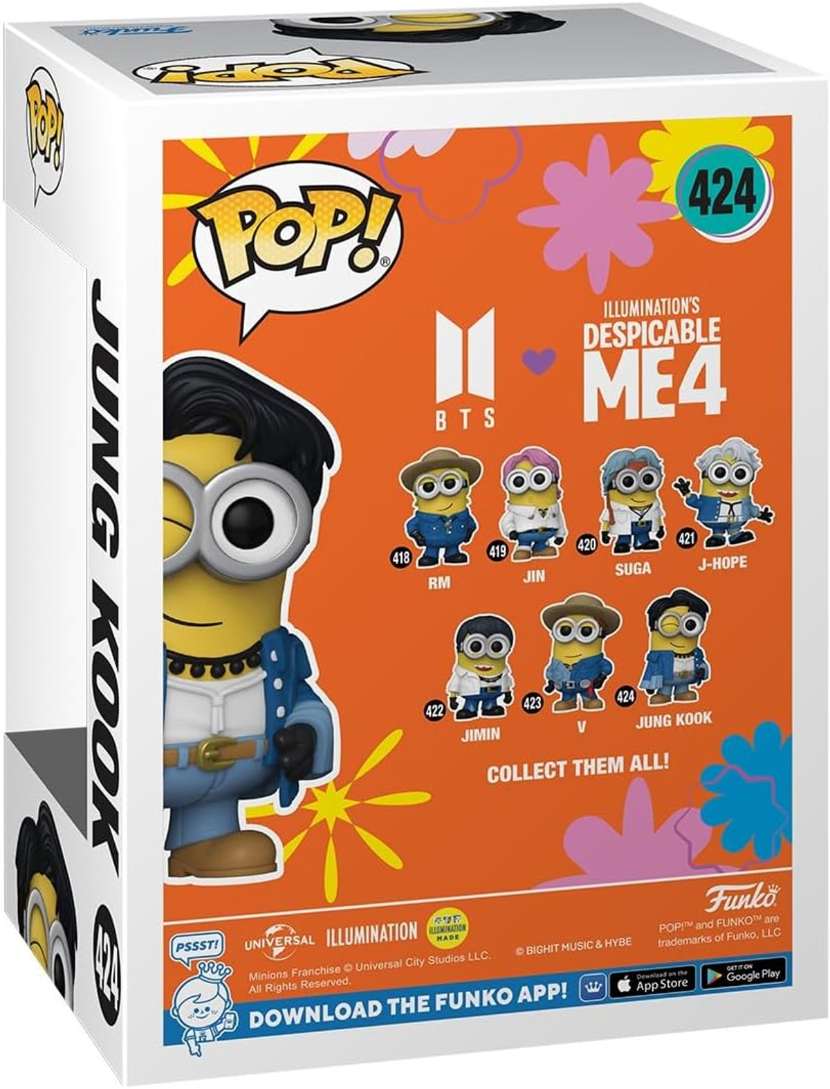 Caja Funko Pop con un Minion como Jung Kook, con otros personajes de BTS.