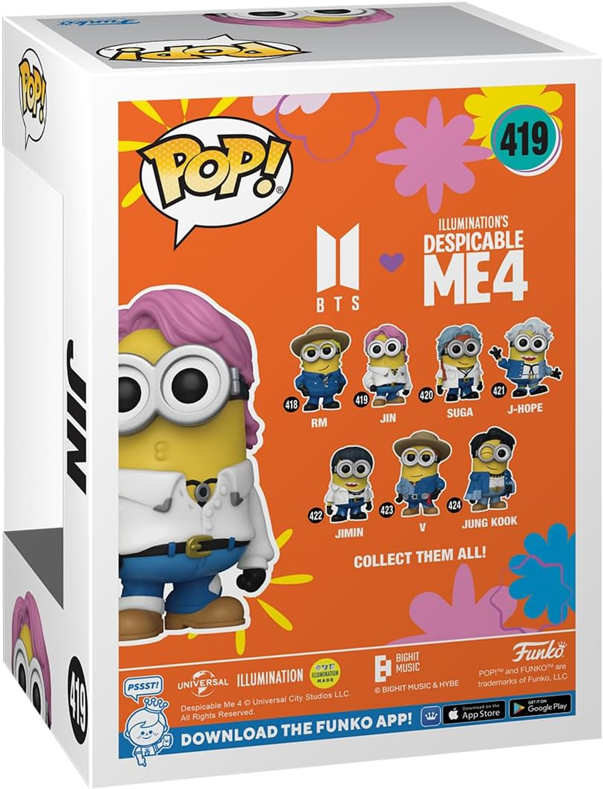 Una caja de Funko Pop para un Minion de BTS. Muestra una figura de Minion y varios miembros de BTS como Minions. Diseño colorido.