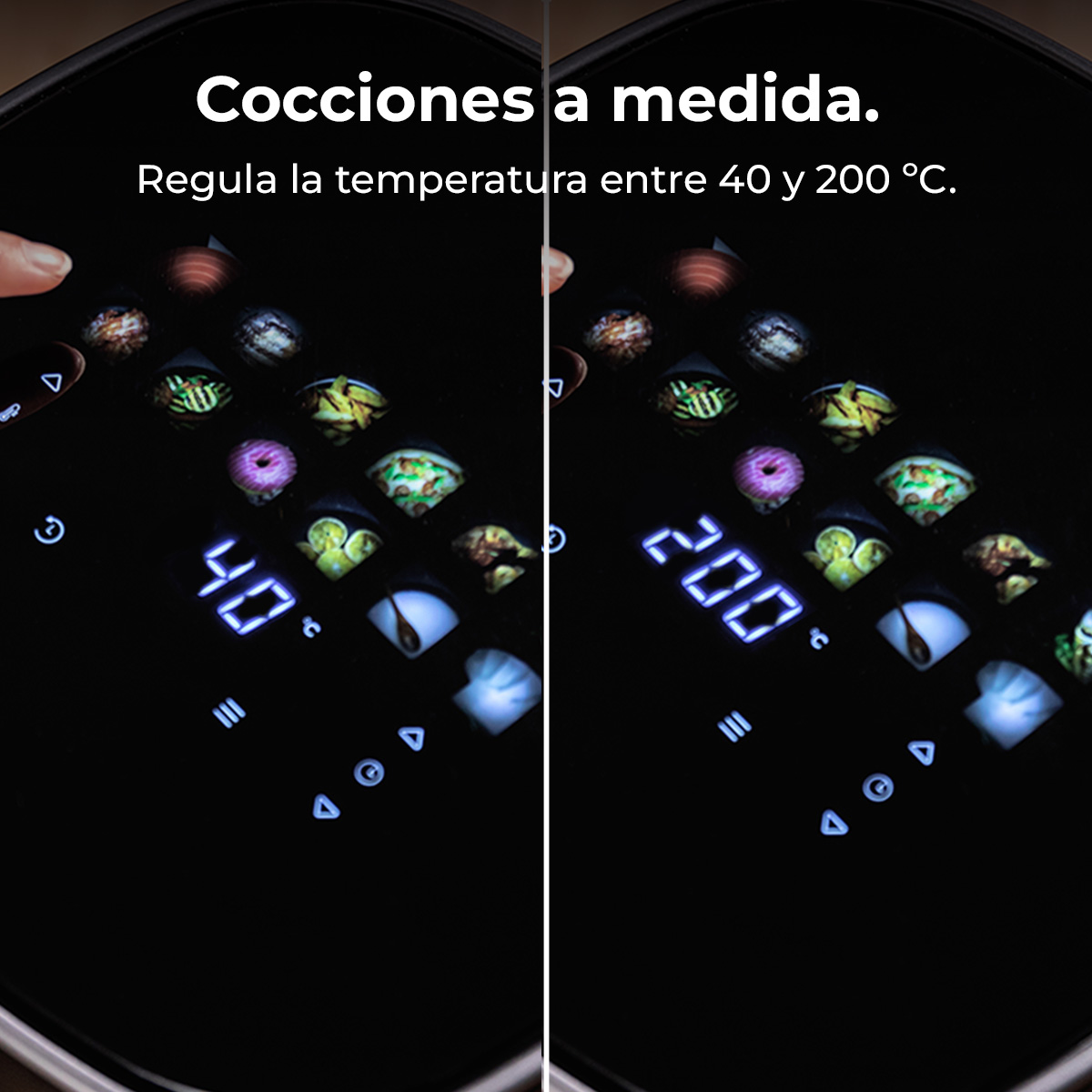 Zbliżenie cyfrowego wyświetlacza pokazującego kontrolę temperatury gotowania, w zakresie od 40 do 200 stopni C.