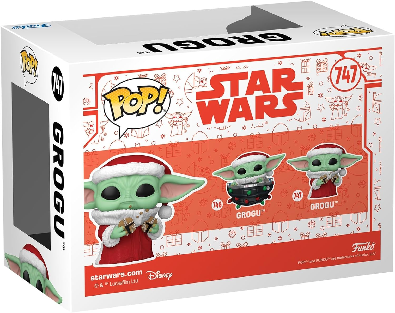 Una caja de Grogu Funko Pop con la marca Star Wars, con Grogu con gorro de Papá Noel y otras figuras de Grogu.