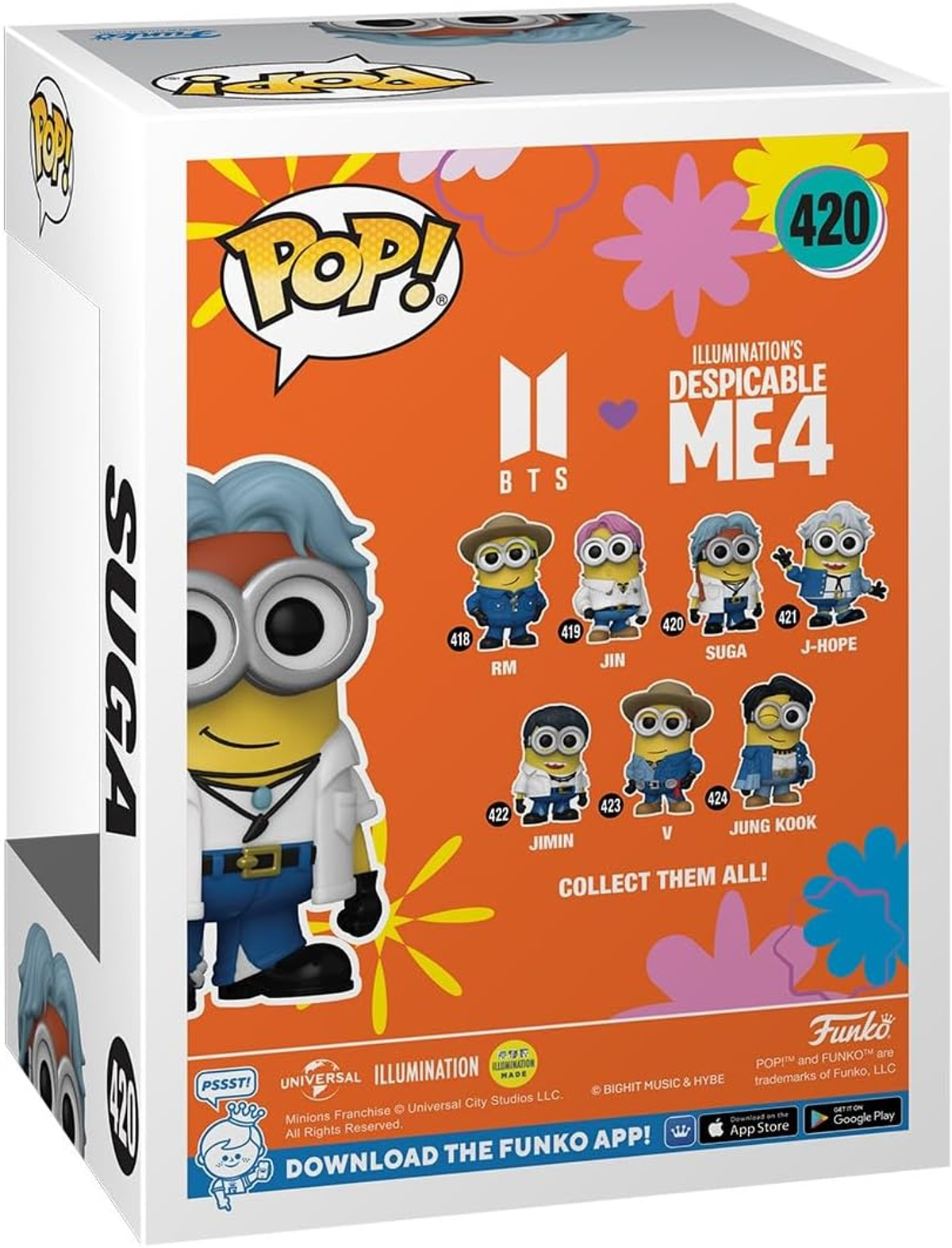Una caja blanca con una figura de Minion y miembros de BTS. La figura de Suga se muestra al frente.