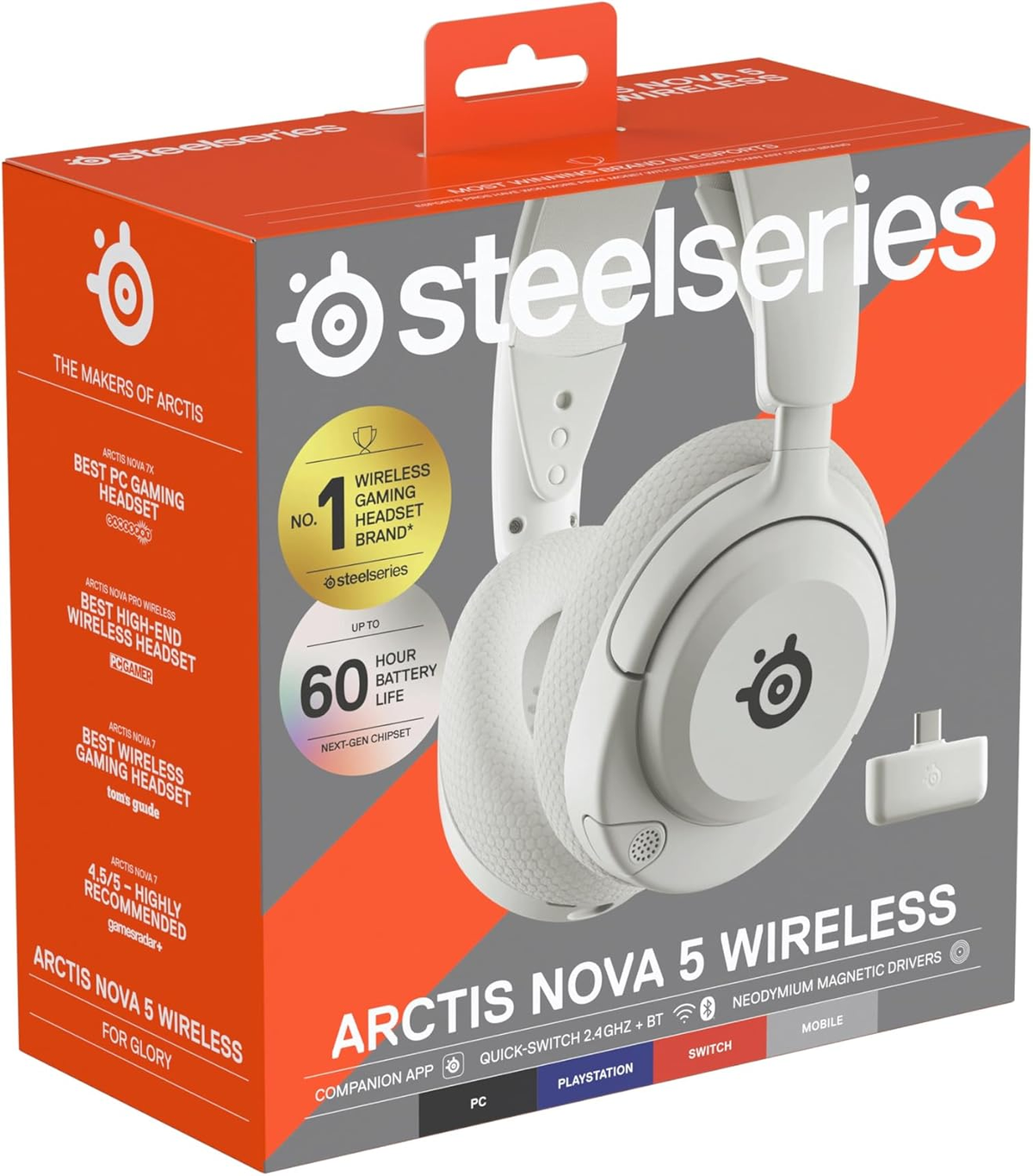 Scatola bianca e arancione di cuffie SteelSeries. Mostra il nome del prodotto e il marchio.