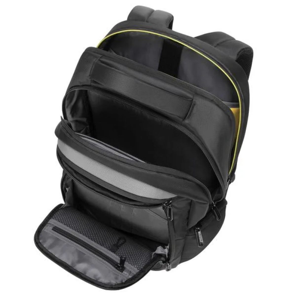 Offener schwarzer Rucksack mit mehreren Fächern und gelben Akzenten.