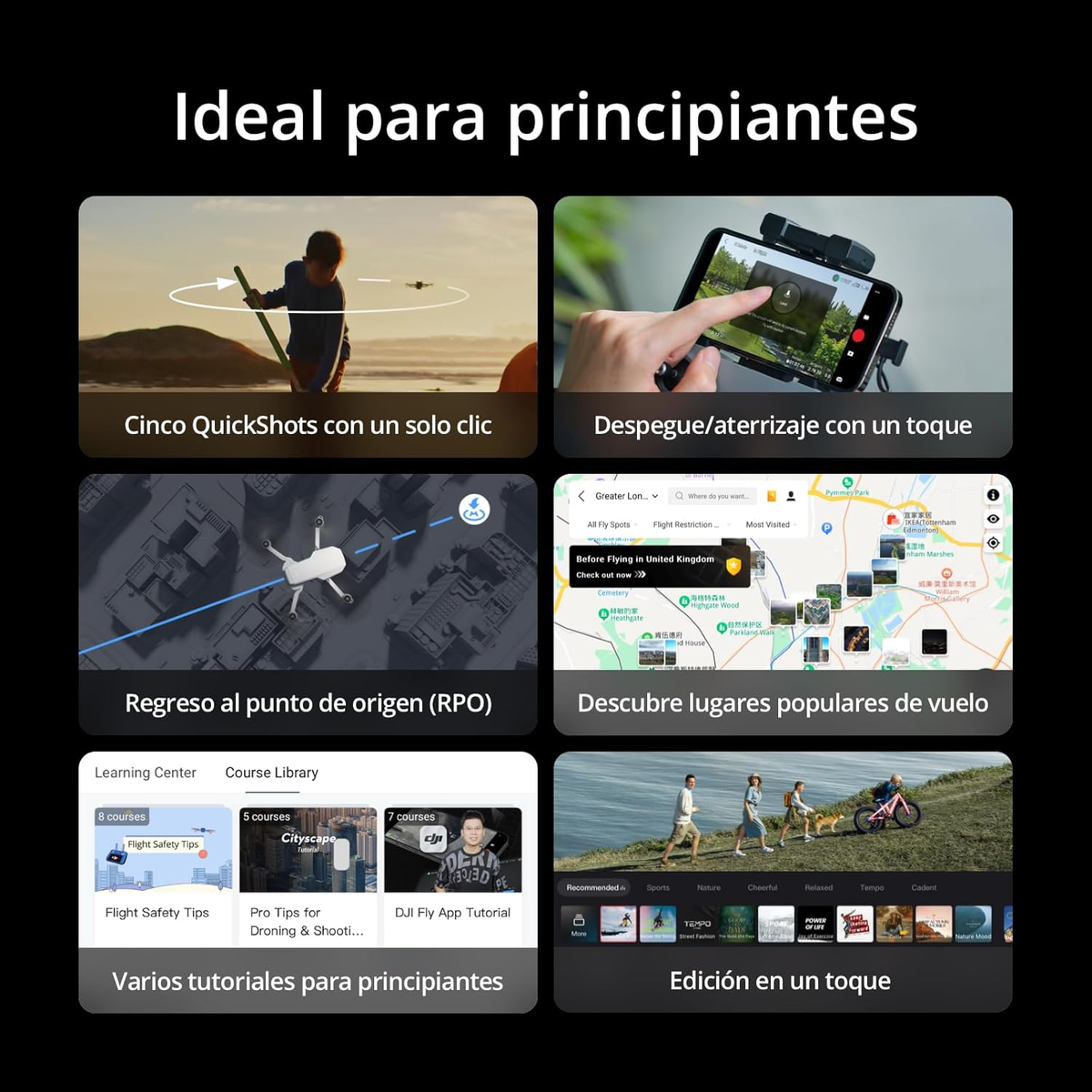 Obraz z wizualizacjami ekranu drona, pokazujący elementy sterowania, opcje lotu i samouczki.