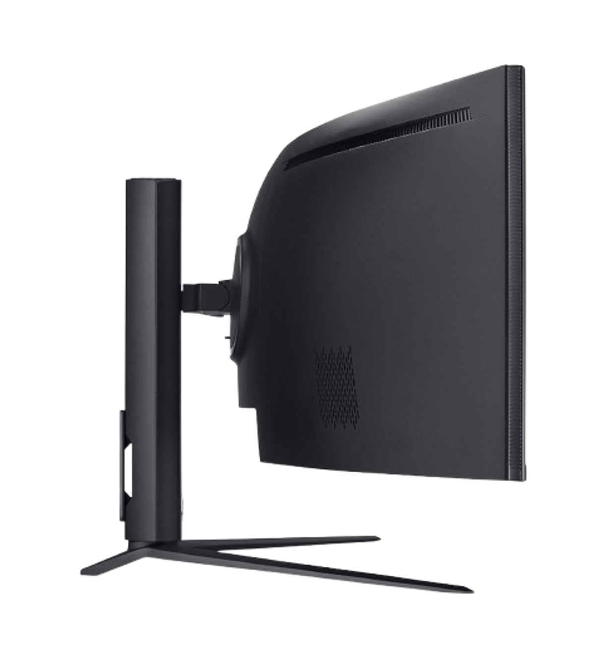 Czarny zakrzywiony monitor, widok z boku. Ma podstawę i wentylację z tyłu.