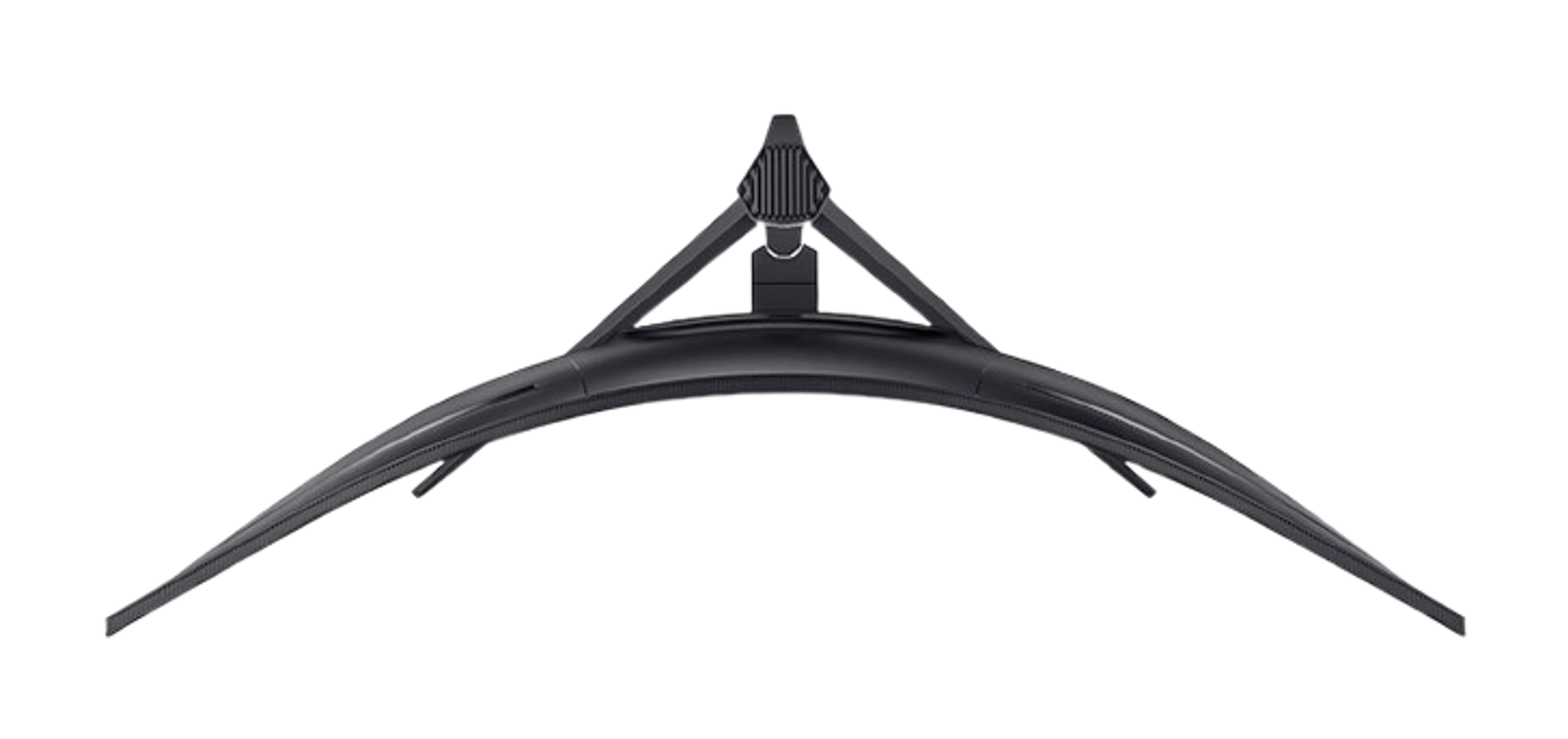 Zakrzywiony monitor komputera. Czarny, z zakrzywioną podstawą mocowaną z tyłu.