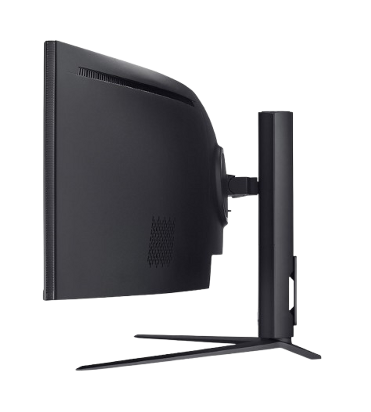 Widok z boku zakrzywionego czarnego monitora na czarnym stojaku, na czarnym tle.