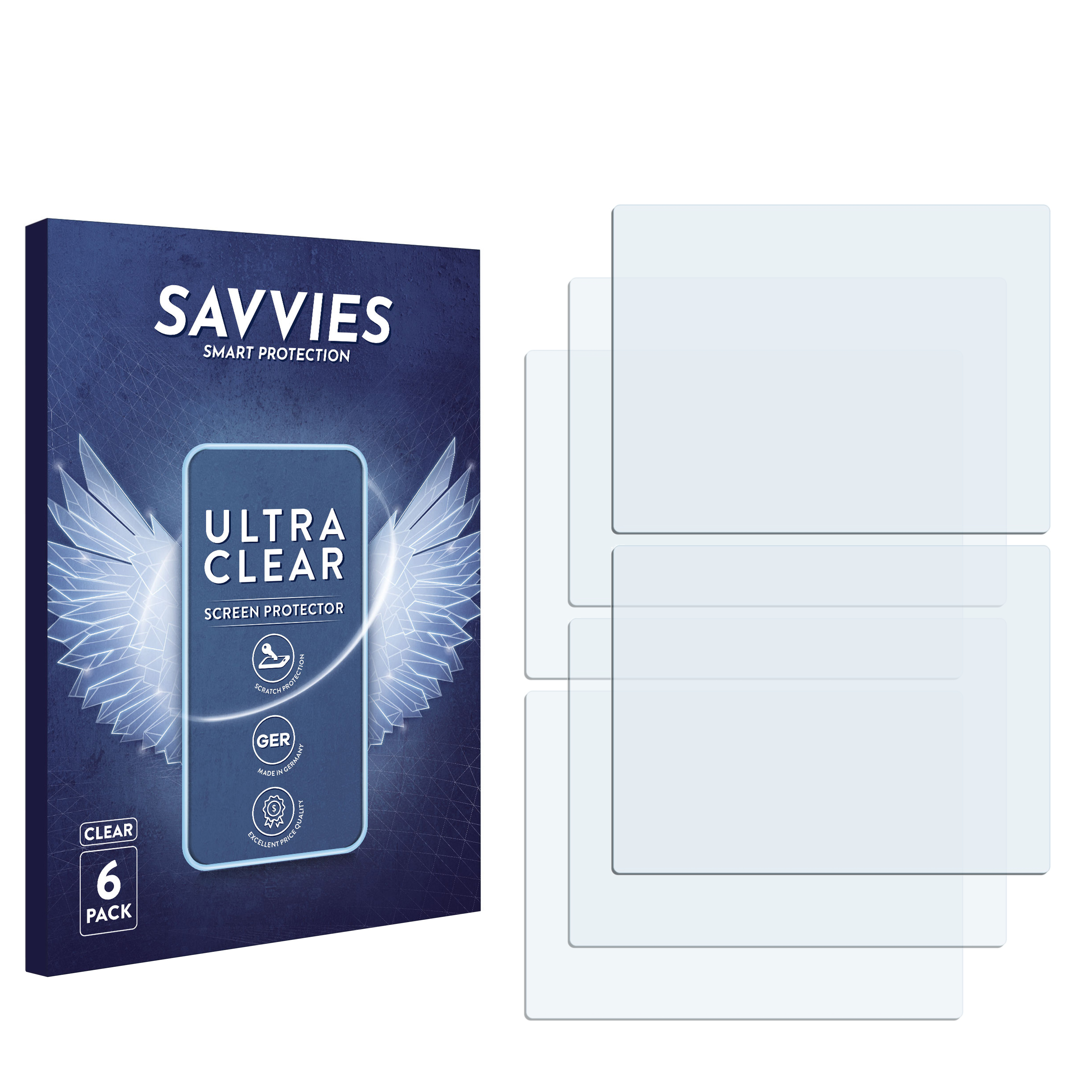 Eine Displayschutzfolienverpackung und vier klare Displayschutzfolien auf weißem Hintergrund.