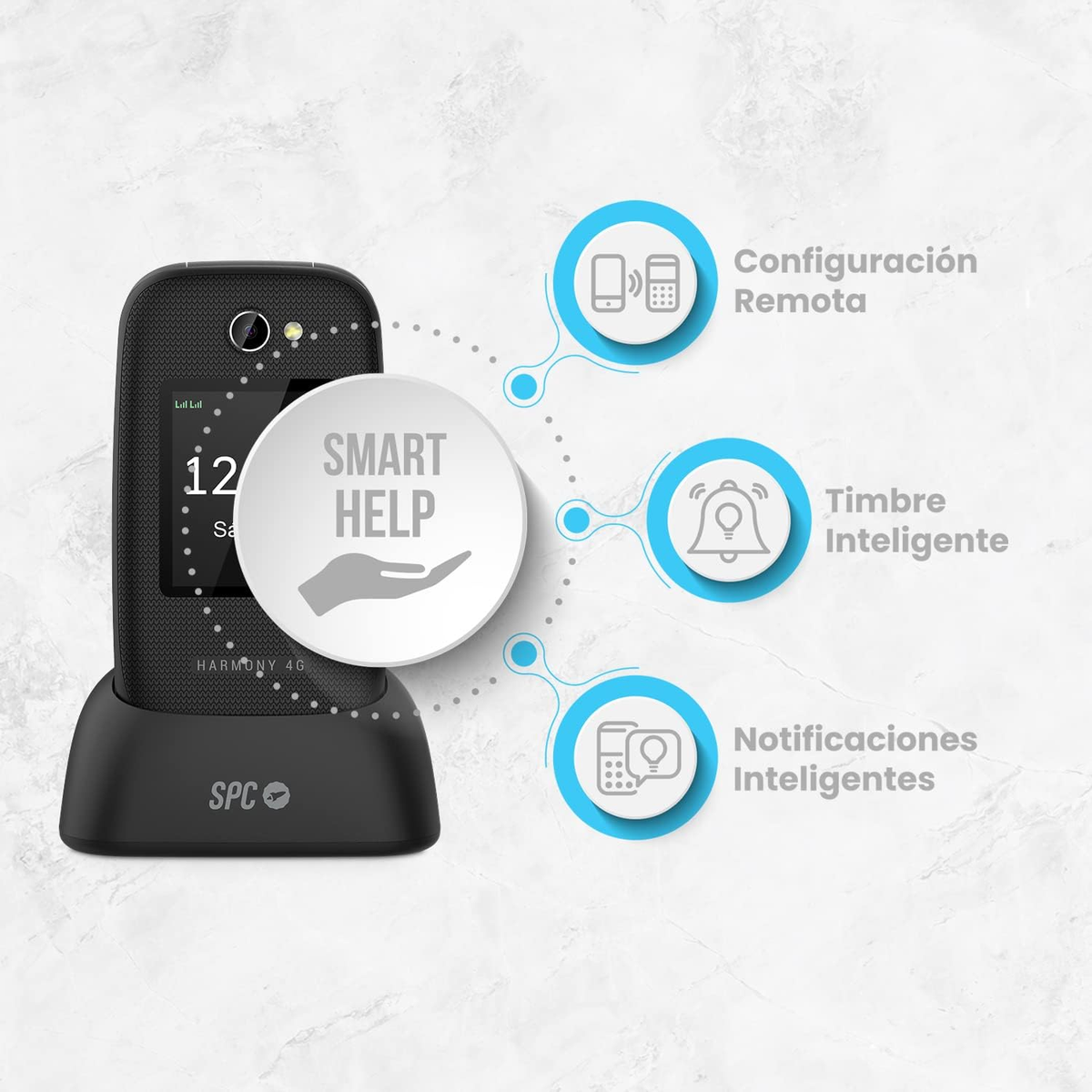 Un teléfono móvil SPC negro con una base de carga y funciones de ayuda inteligente.