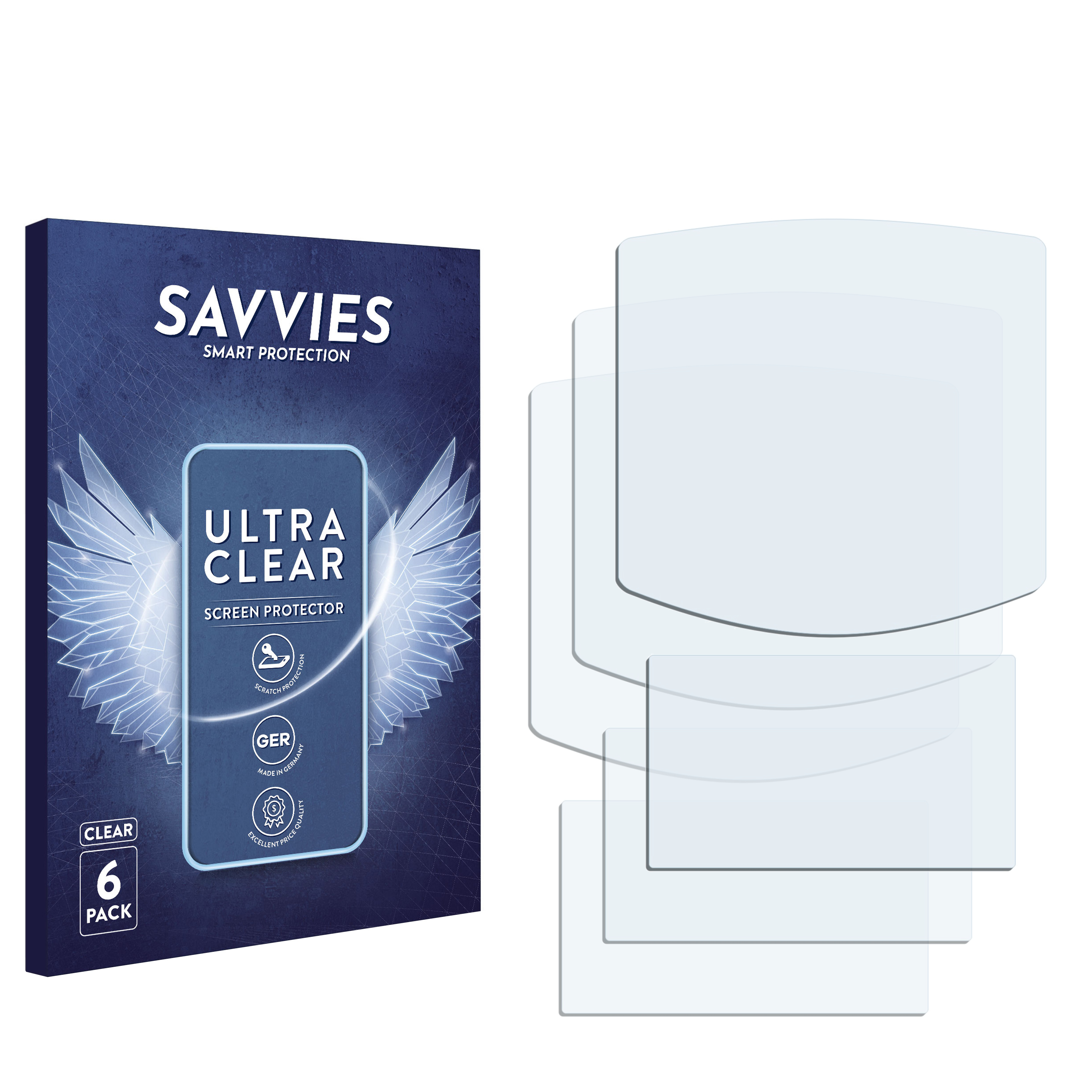 Eine Displayschutzfolienpackung und mehrere klare Schutzfolien. Auf der Packung steht „Ultra Clear Screen Protector“.