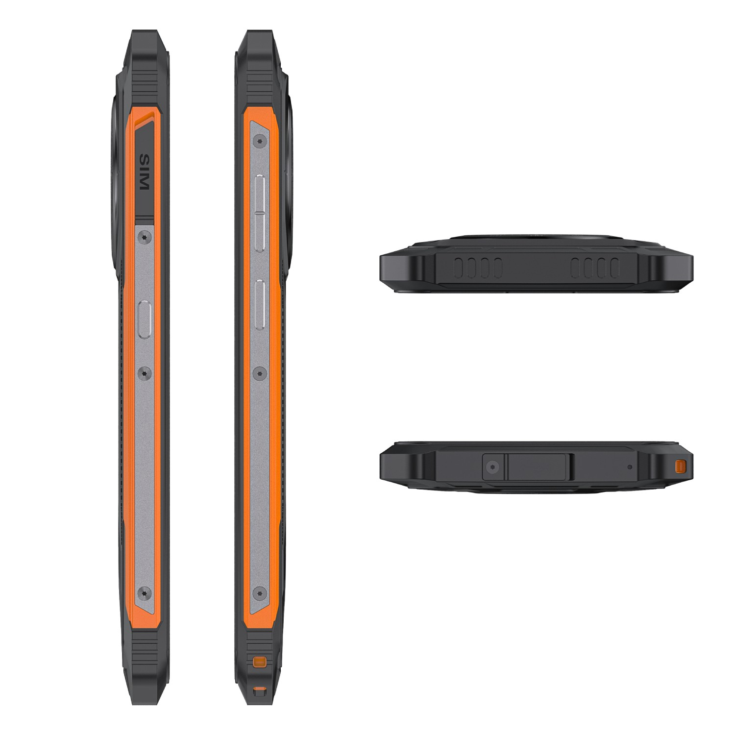Wytrzymały smartfon w kolorze czarnym i pomarańczowym z różnymi widokami. Widoki z boku, z tyłu i z góry.