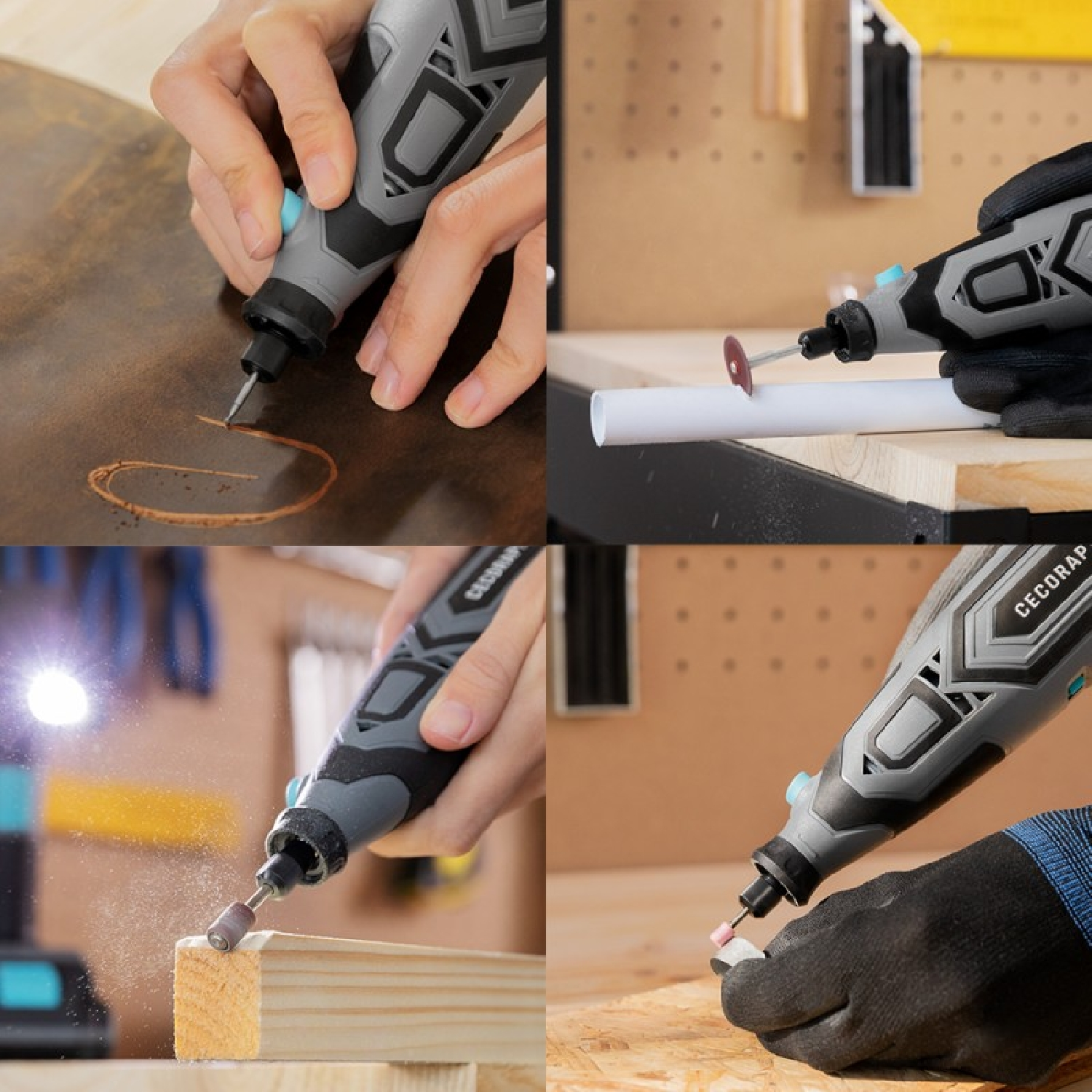 Primer plano de una herramienta rotativa gris y negra que se utiliza para varias tareas.