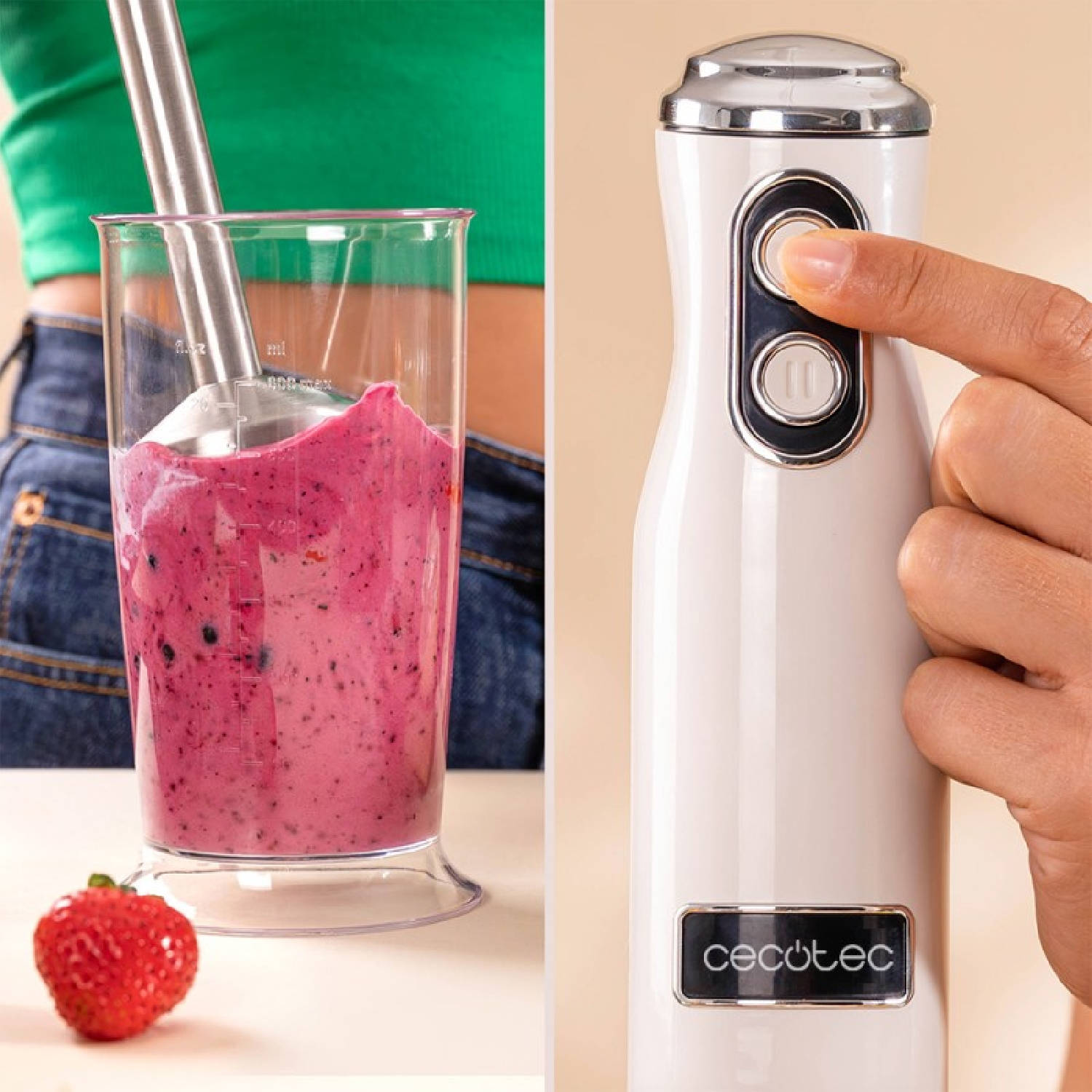 Una persona che frulla un frullato con un frullatore a immersione, fragola visibile.