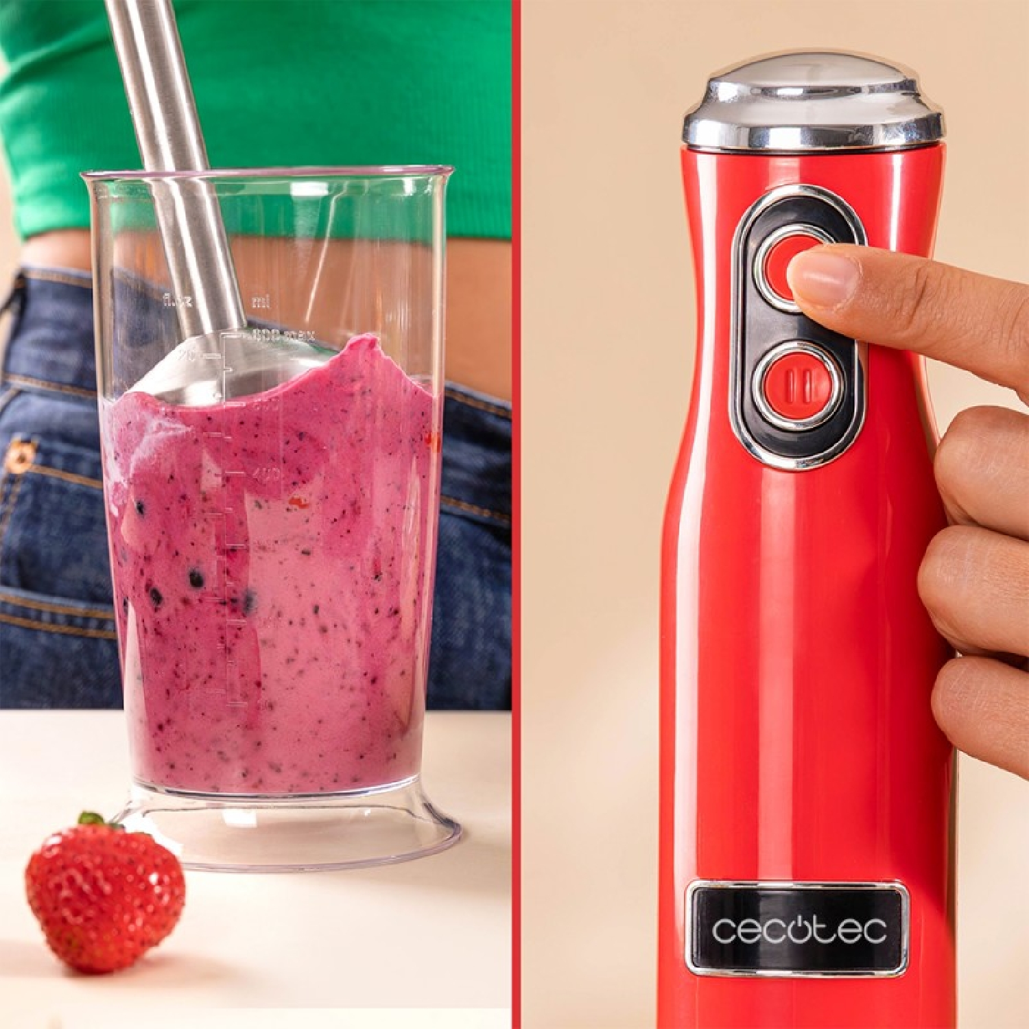 Frullatore che mescola frullato rosa in un bicchiere, una fragola e un pulsante rosso del frullatore.