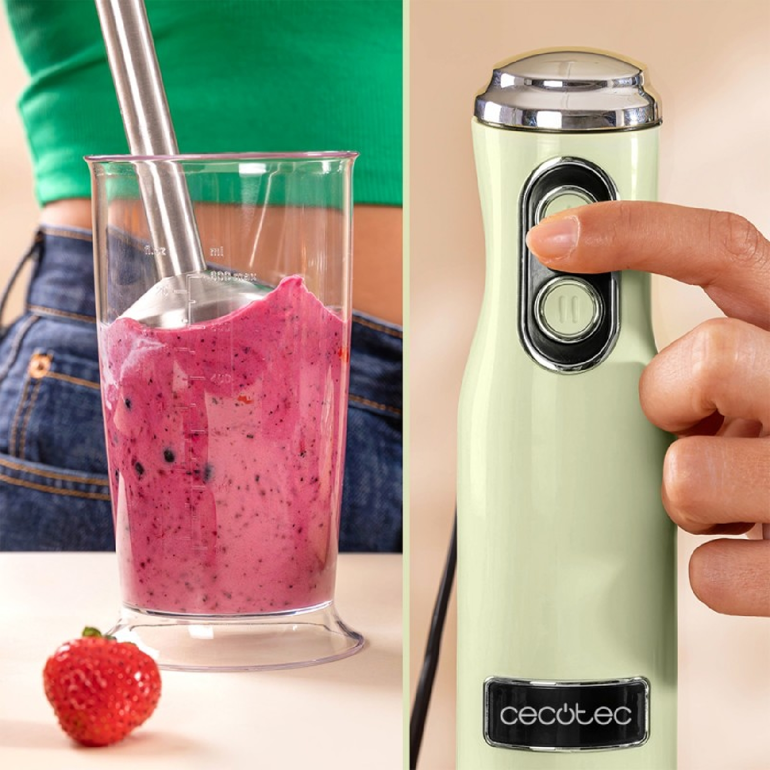 Donna che frulla un frullato. Un frullatore viene utilizzato per mescolare il frullato. È presente una fragola.