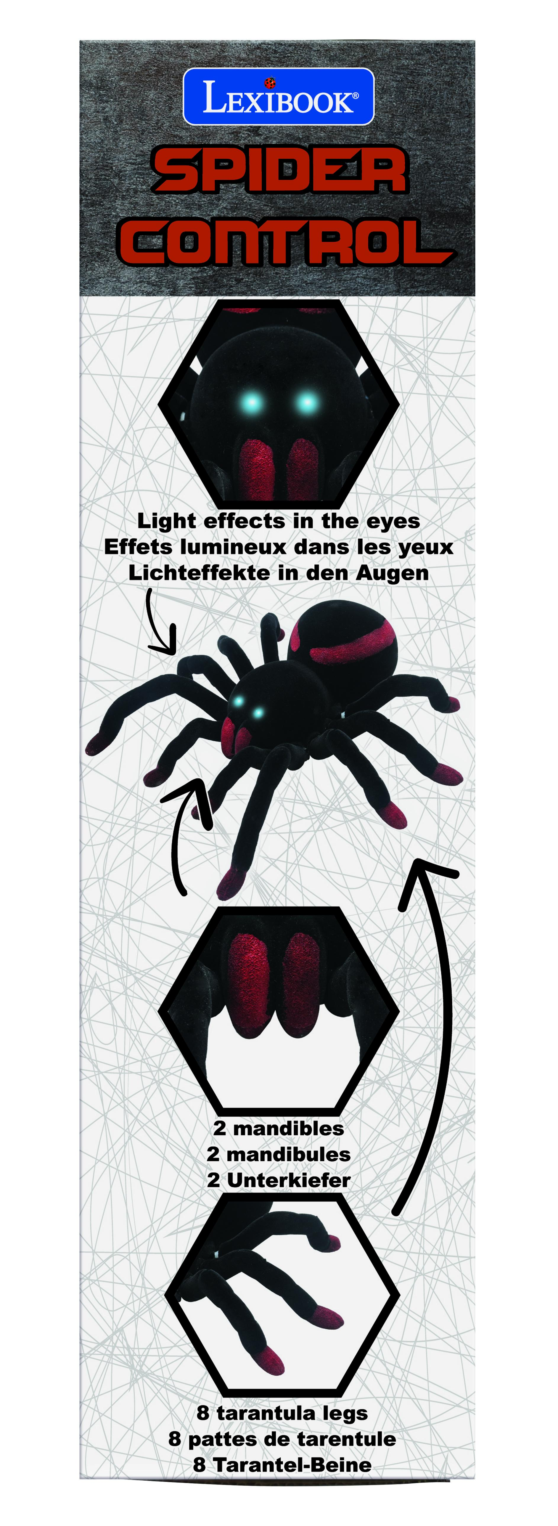 Una araña de juguete con ojos y patas rojas, con detalles de sus partes del cuerpo.