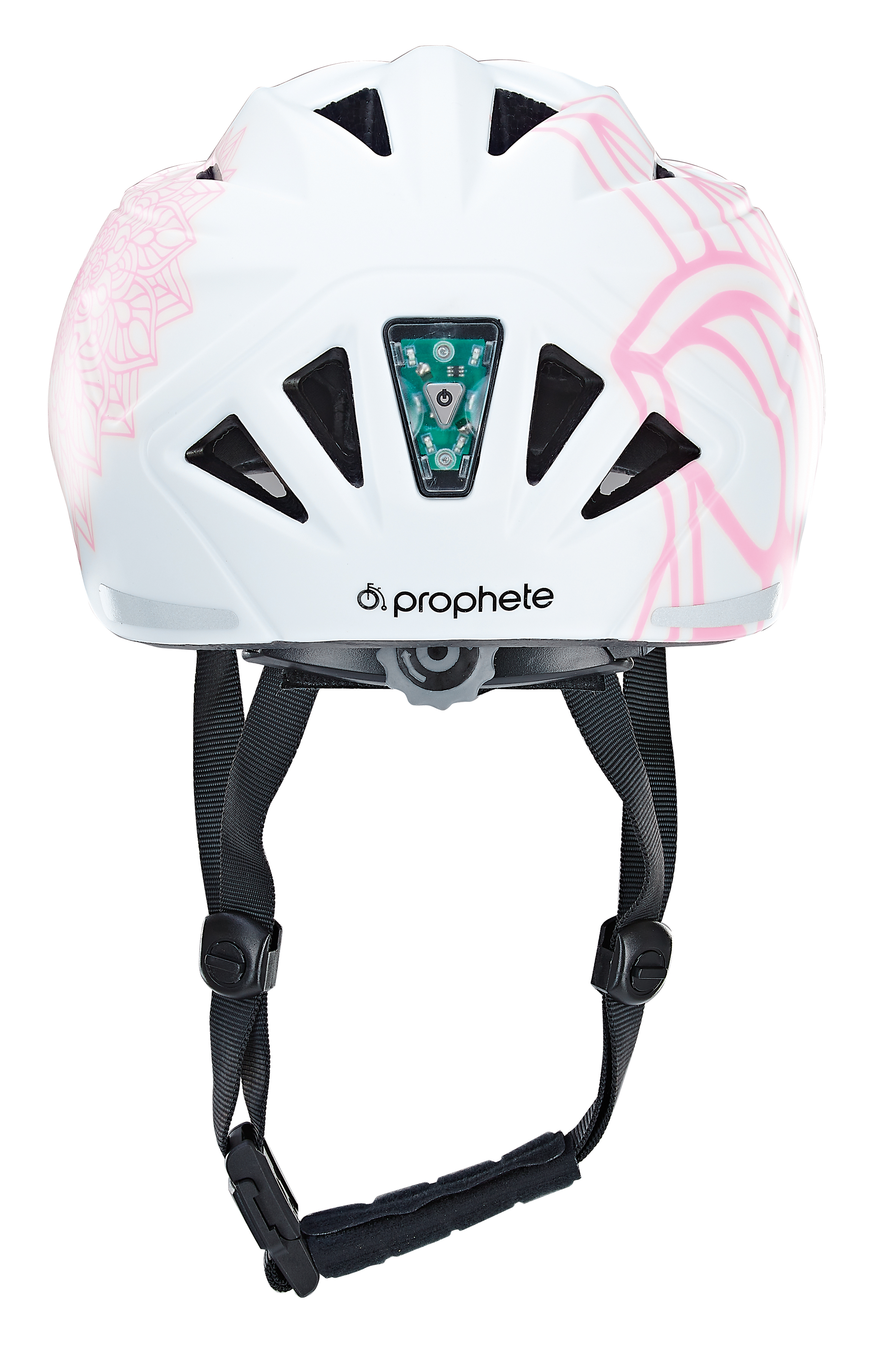 Weißer Fahrradhelm, Rückansicht, mit pinkfarbenem Blumendesign und Riemen.