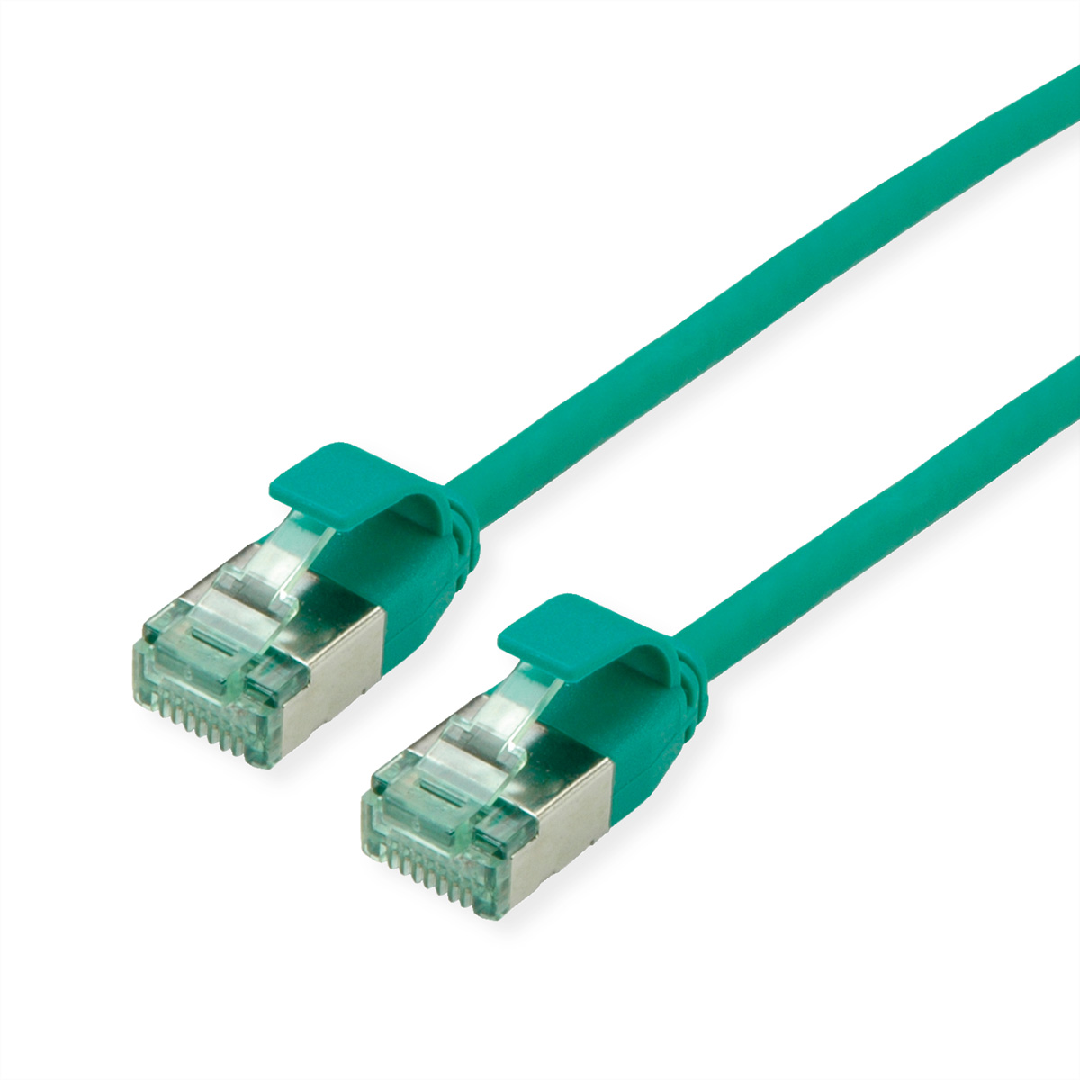 Zeegroene ethernetkabel met connectoren op een witte achtergrond.