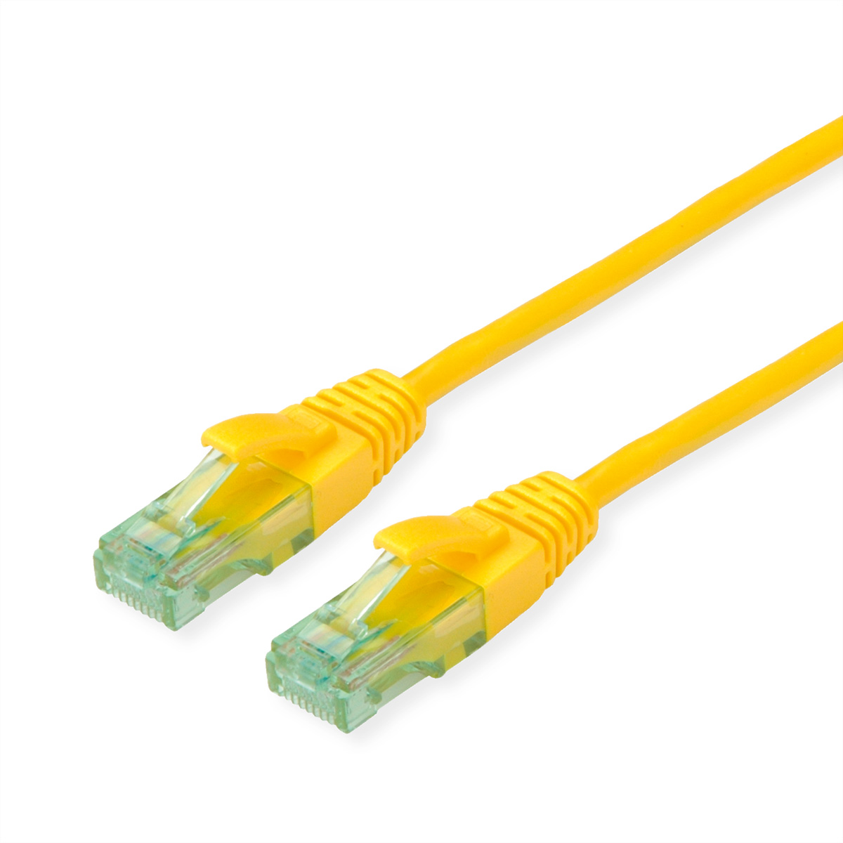 Gele ethernetkabel met connectoren op een witte achtergrond.