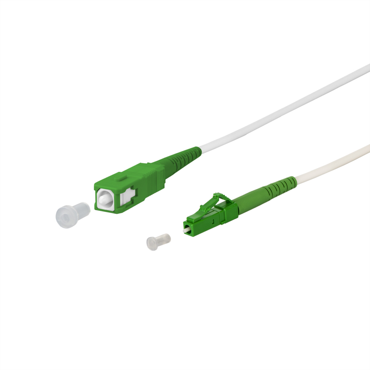 Connecteurs de câble à fibre optique verts, fond blanc.