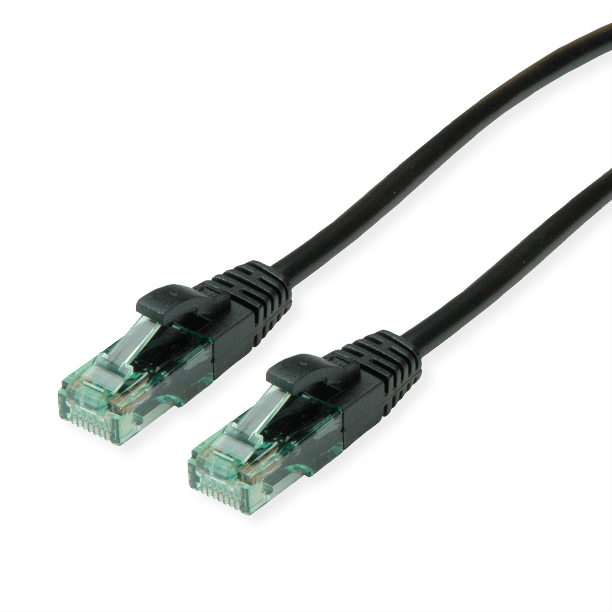 Zwarte Ethernet-kabel met groene connectoren, op witte achtergrond. Twee kabels met connectoren zijn afgebeeld.