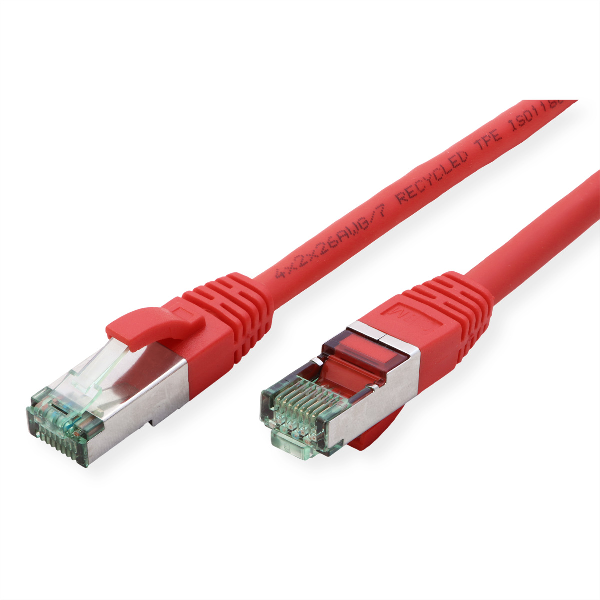 Rotes Ethernet-Kabel mit Steckern auf weißem Hintergrund.