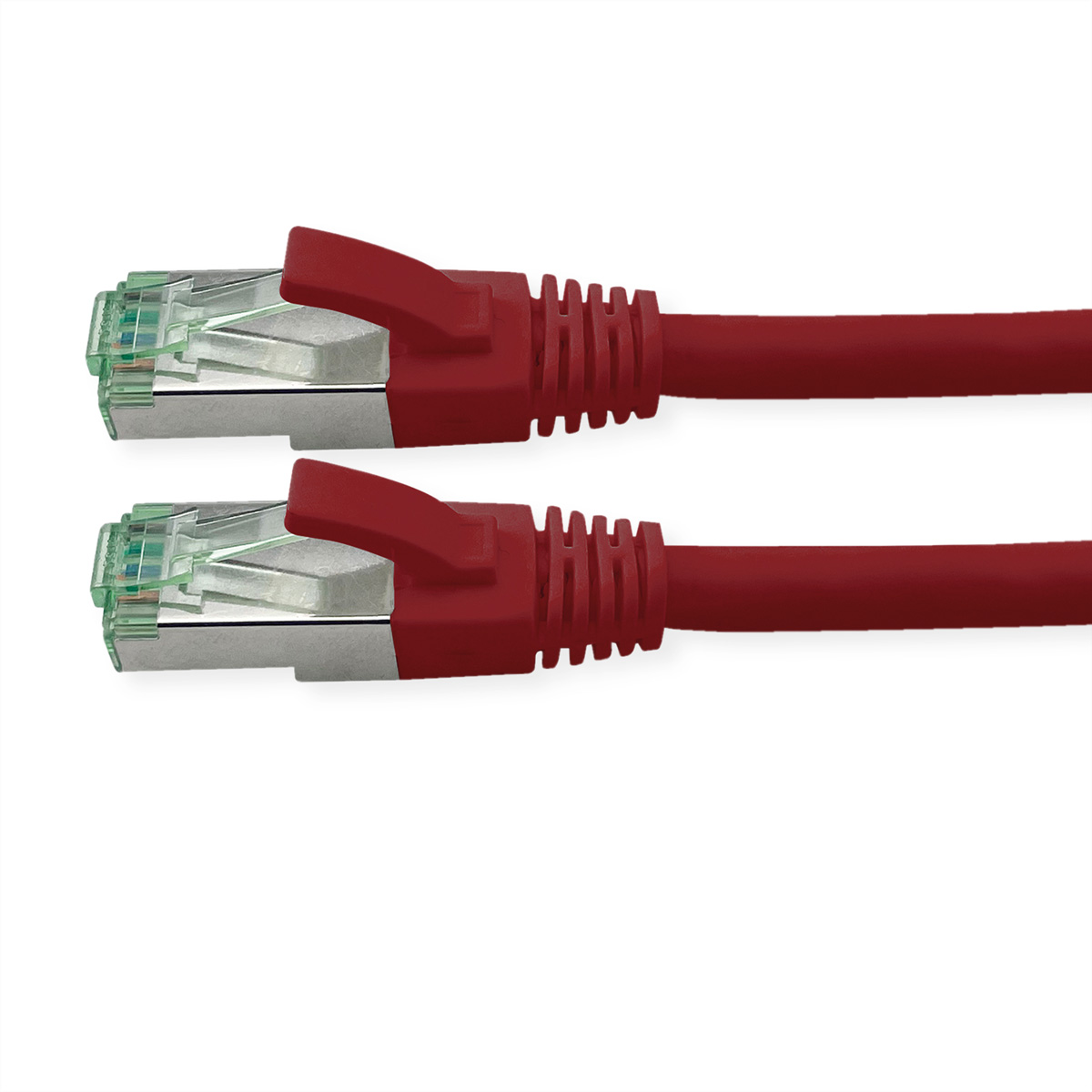 Rotes Ethernet-Kabel mit Steckern auf weißem Hintergrund.