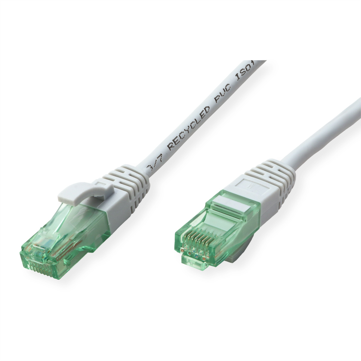 Twee witte netwerkkabels met witte connectoren en transparante stekkers, witte achtergrond.