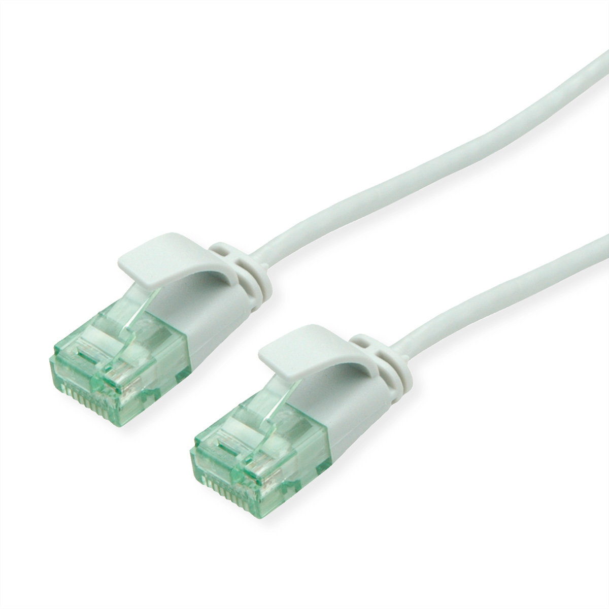 Witte netwerkkabel met twee connectoren op een wit oppervlak.