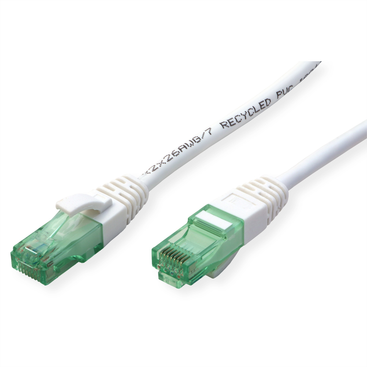 Twee witte netwerkkabels met transparante connectoren, tekst 'RECYCLED PVC' op wit.
