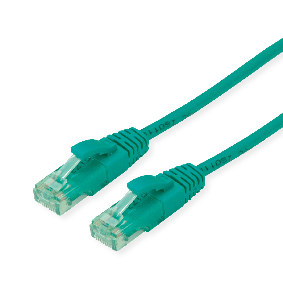 Zeegroene ethernetkabel met connectoren op een witte achtergrond.