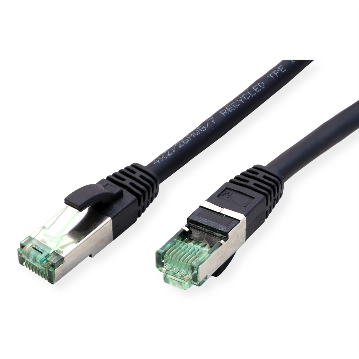 Câble Ethernet noir avec connecteurs argentés, sur fond blanc. Deux câbles sont affichés.