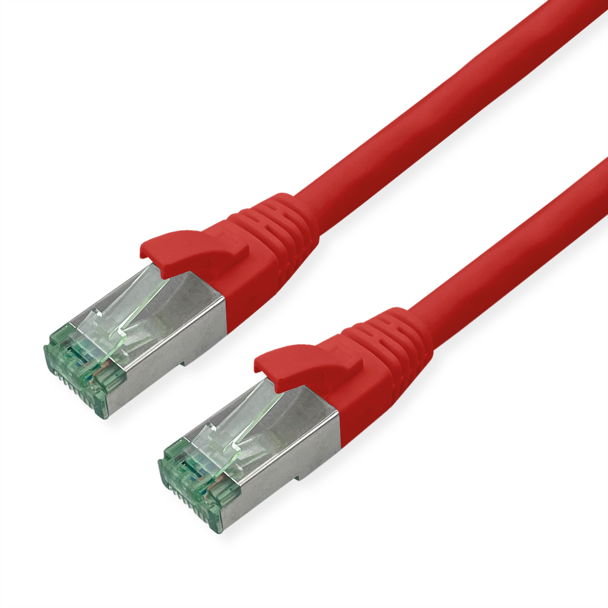Rotes Ethernet-Kabel mit silbernen Steckern auf weißem Hintergrund. Zwei Kabel sind abgebildet.