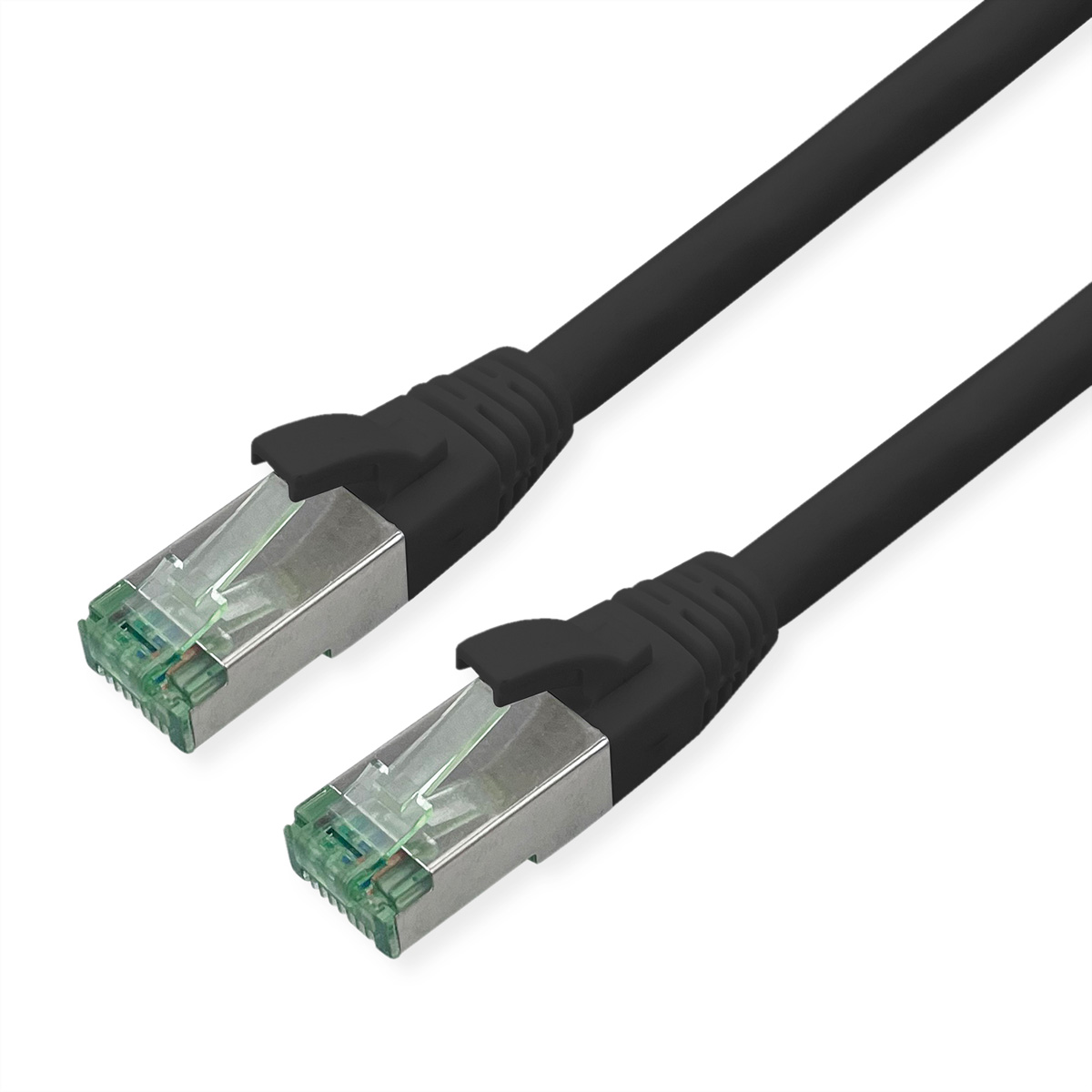 Zwei schwarze Ethernet-Kabel mit schwarzen Steckern und transparenten Kunststoffclips.