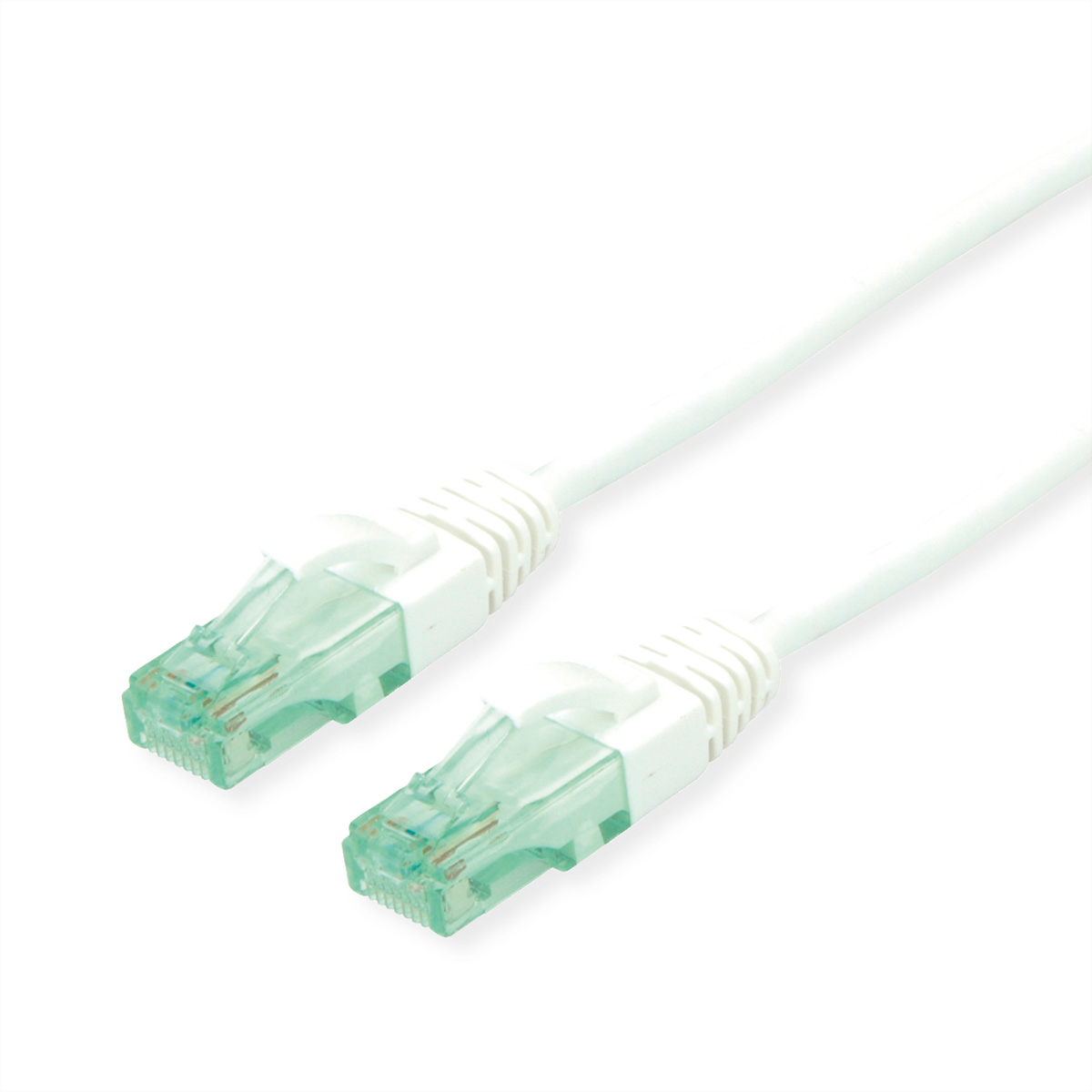 Câble réseau blanc avec deux connecteurs sur une surface blanche.