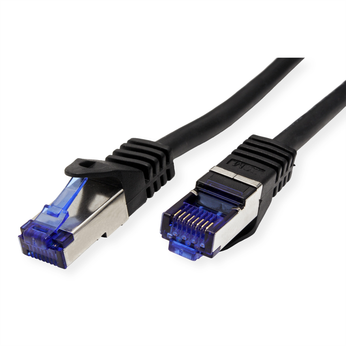 Twee zwarte ethernetkabels met blauwe doorschijnende connectoren.