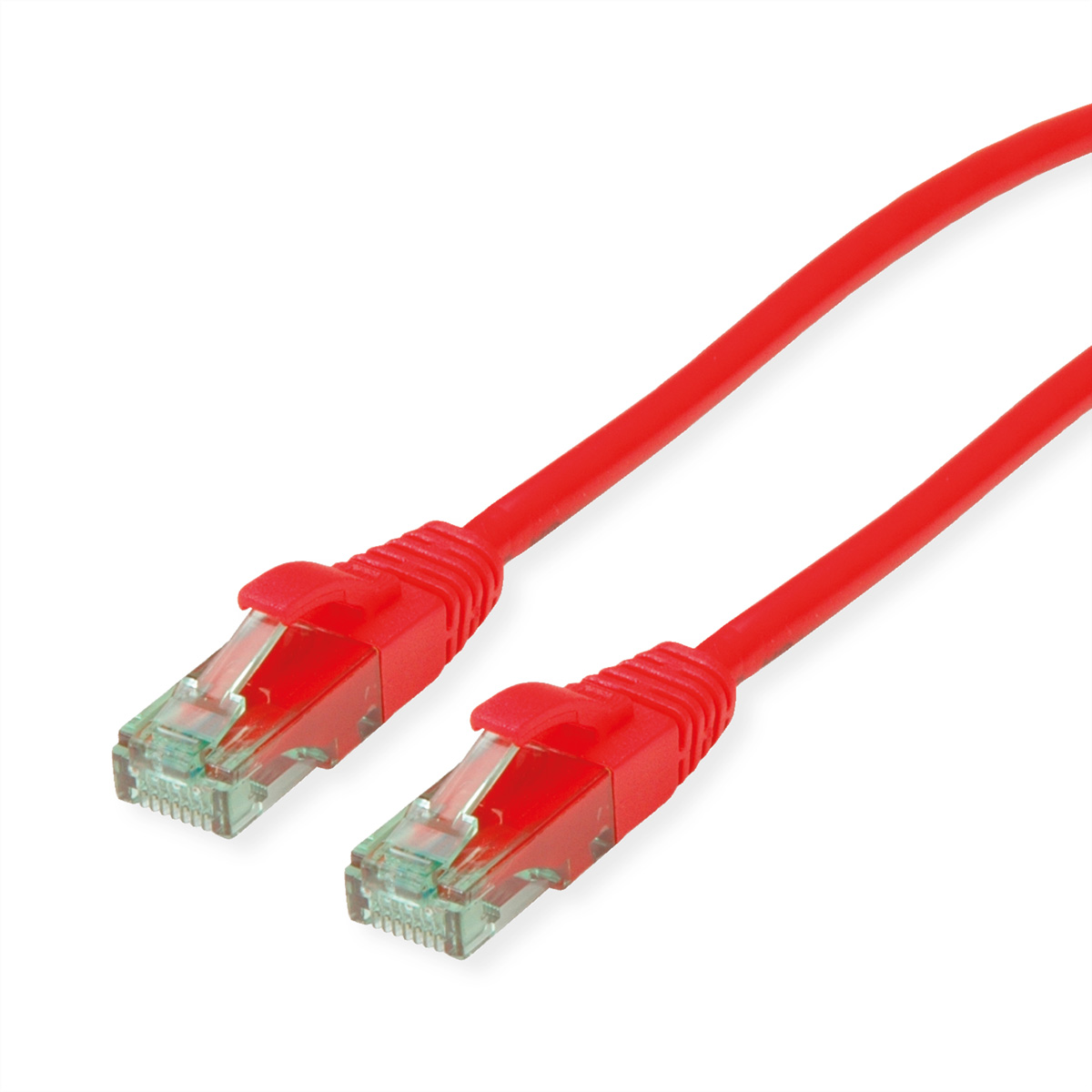 Câble Ethernet rouge avec connecteurs verts, sur fond blanc. Deux câbles avec connecteurs sont affichés.
