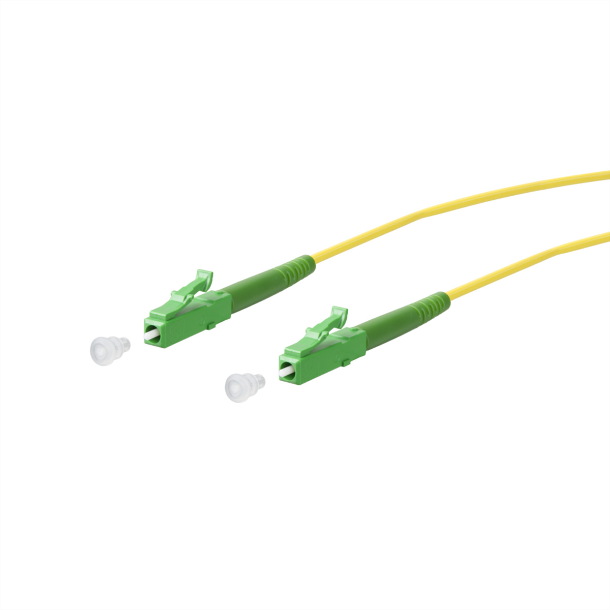 Gele glasvezelkabel met twee groene connectoren en beschermkapjes.