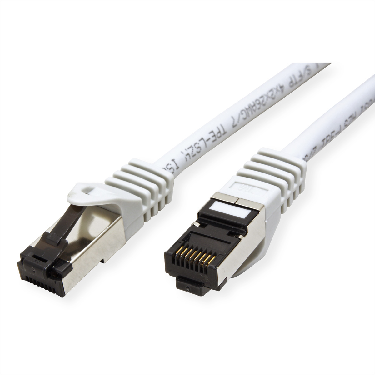Witte Ethernet-kabel met zilveren connectoren, op witte achtergrond. Twee kabels met connectoren zijn afgebeeld.