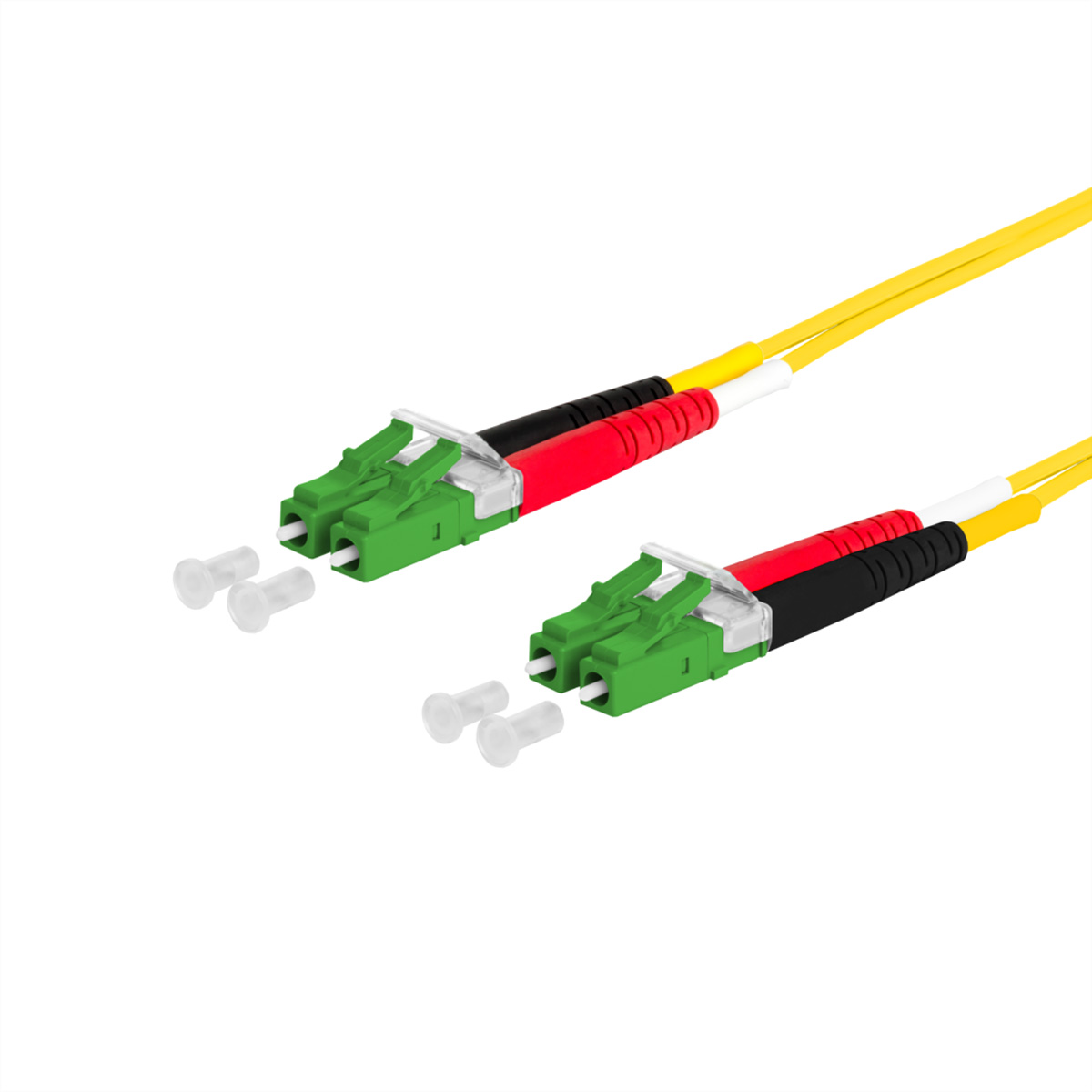 Deux câbles à fibre optique avec connecteurs verts, câbles jaunes et bouchons transparents sur fond blanc.