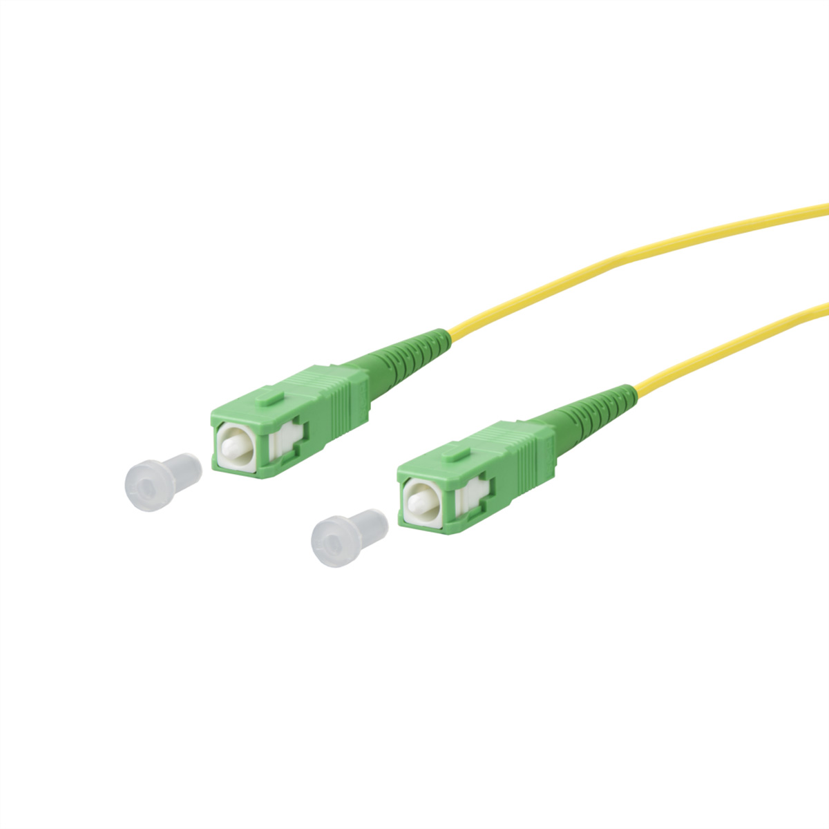 Câbles à fibre optique, connecteurs verts, câbles jaunes, fond blanc et capuchons de protection.