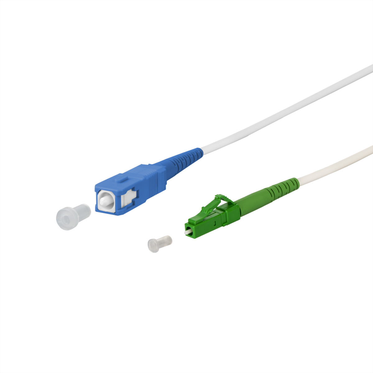 Câble à fibre optique avec connecteurs. Fond blanc. Câble bleu et vert.