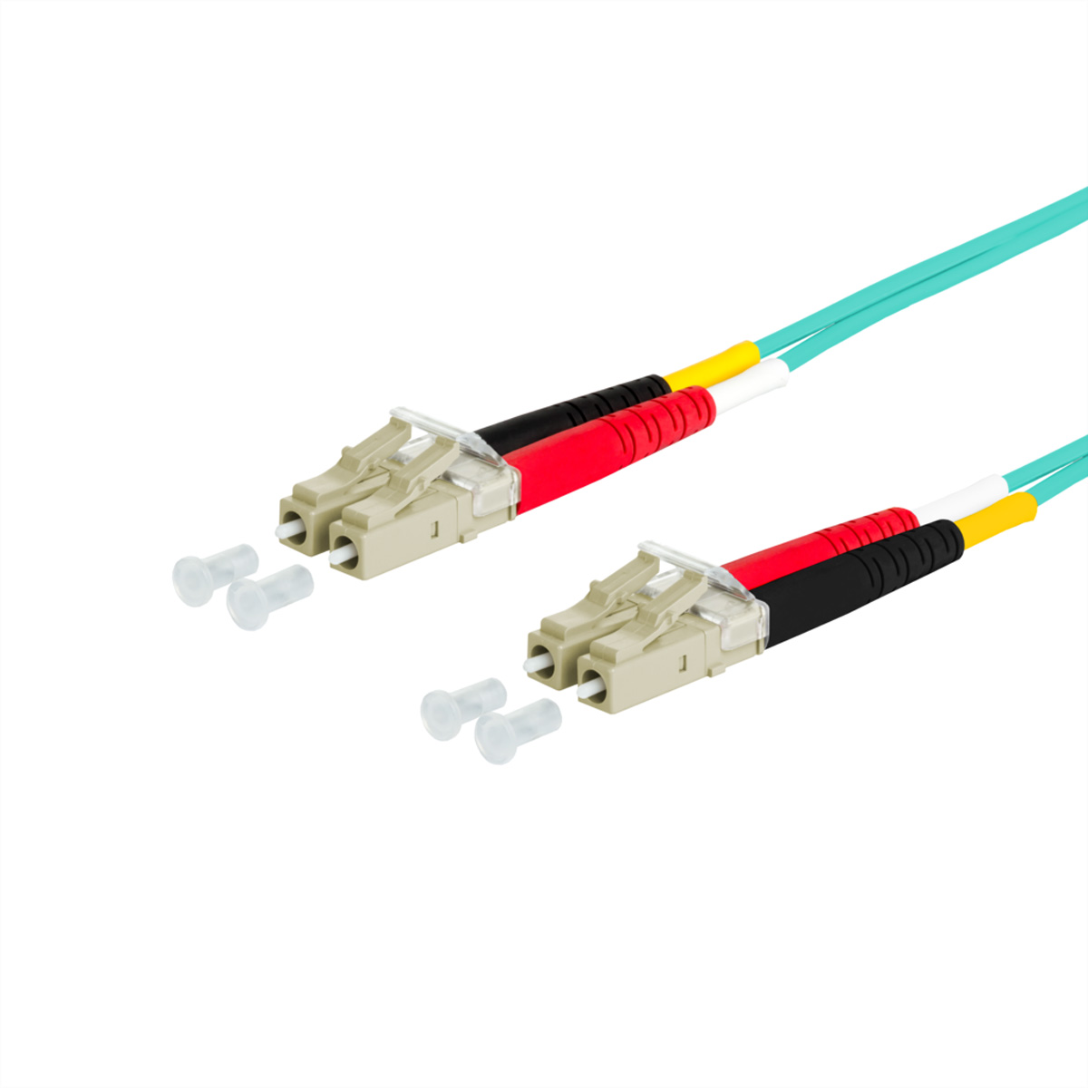 Glasvezelkabels met beige connectoren, aquakabels, rode en zwarte accenten. Witte achtergrond.