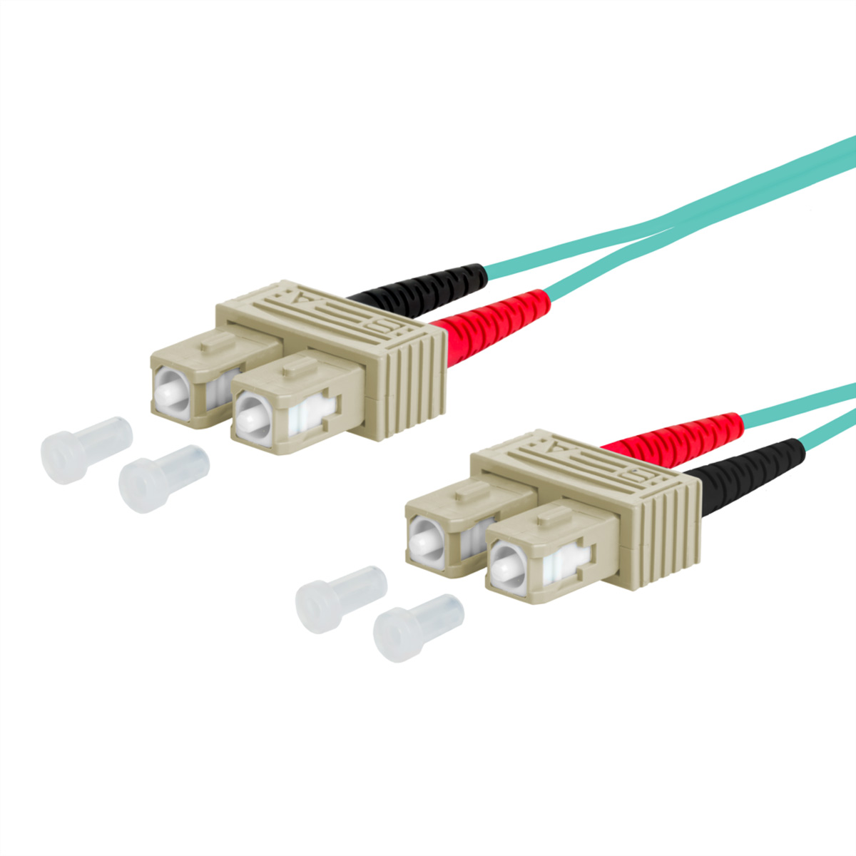 Twee glasvezelkabels met connectoren en beschermkappen op een witte achtergrond.