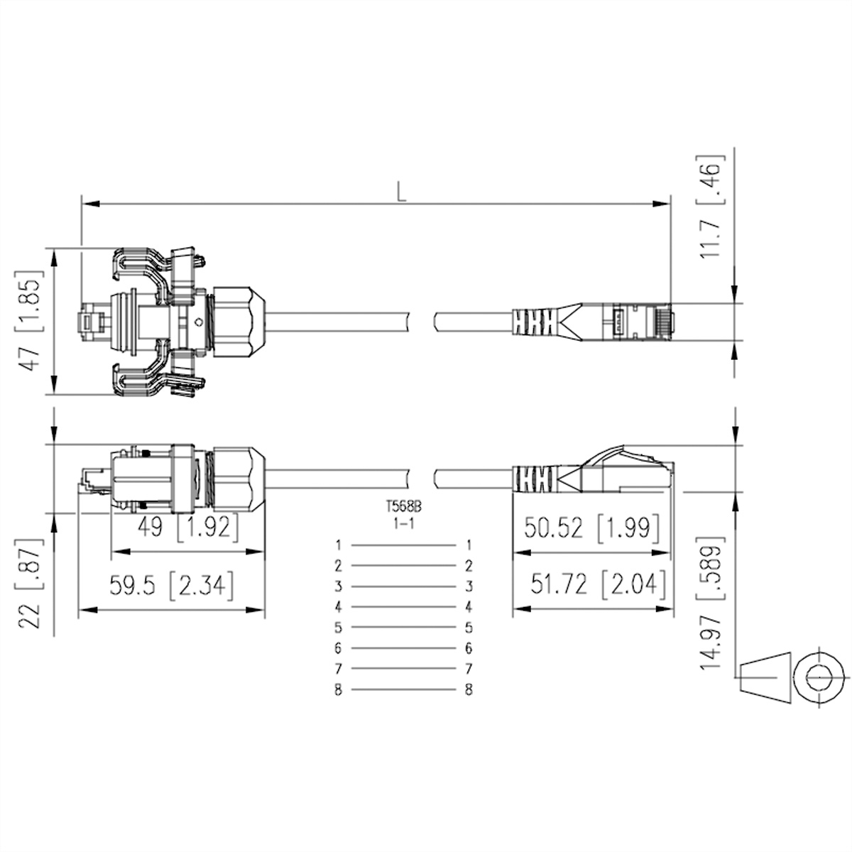 Technische tekening van kabels met afmetingen en labels, witte achtergrond.