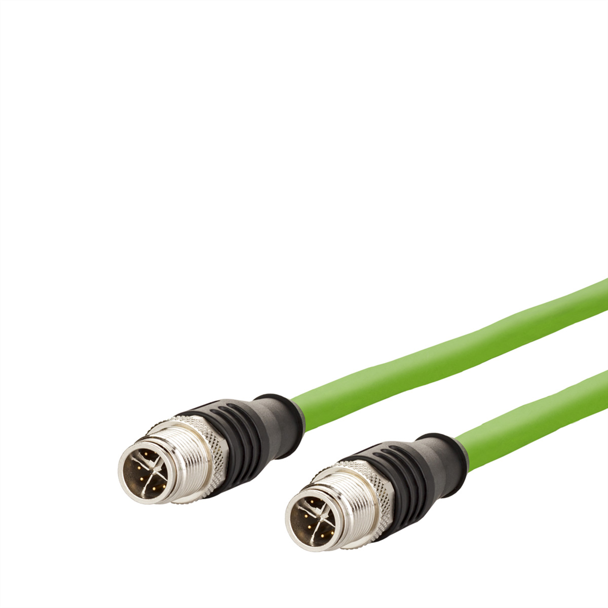 Twee groene kabels met metalen connectoren op witte achtergrond.