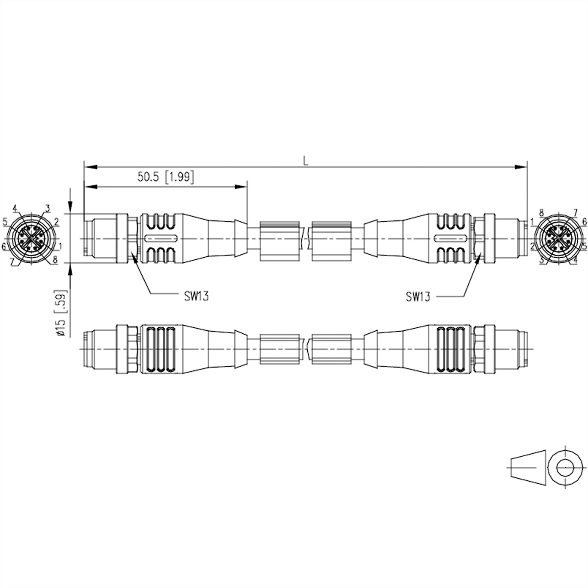 Technische tekening van twee connectoren met afmetingen. Tekst: SW13, Ø15, L.