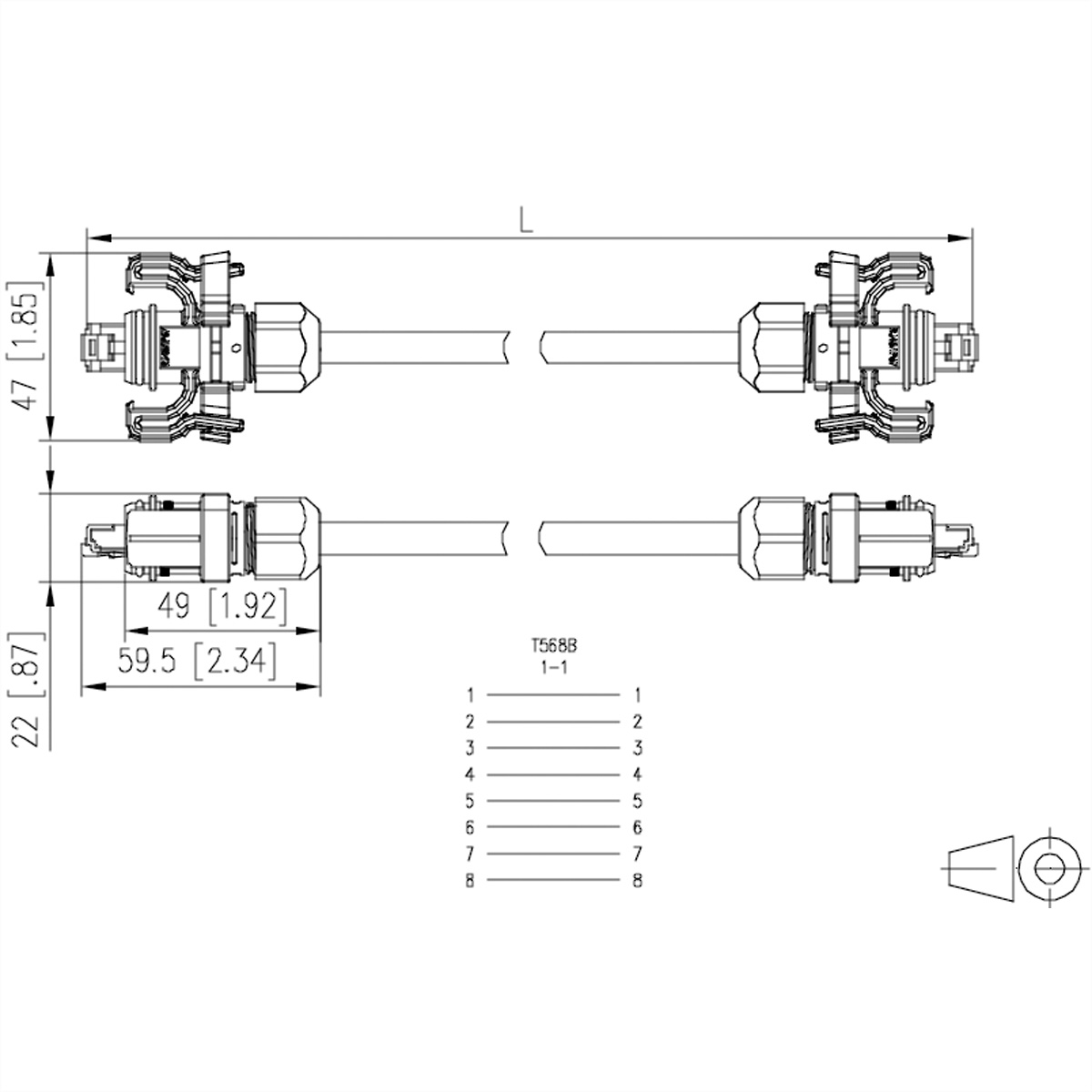 Schéma avec dimensions et numéros de broches d'un connecteur, avec deux connecteurs de câble en haut et en bas.